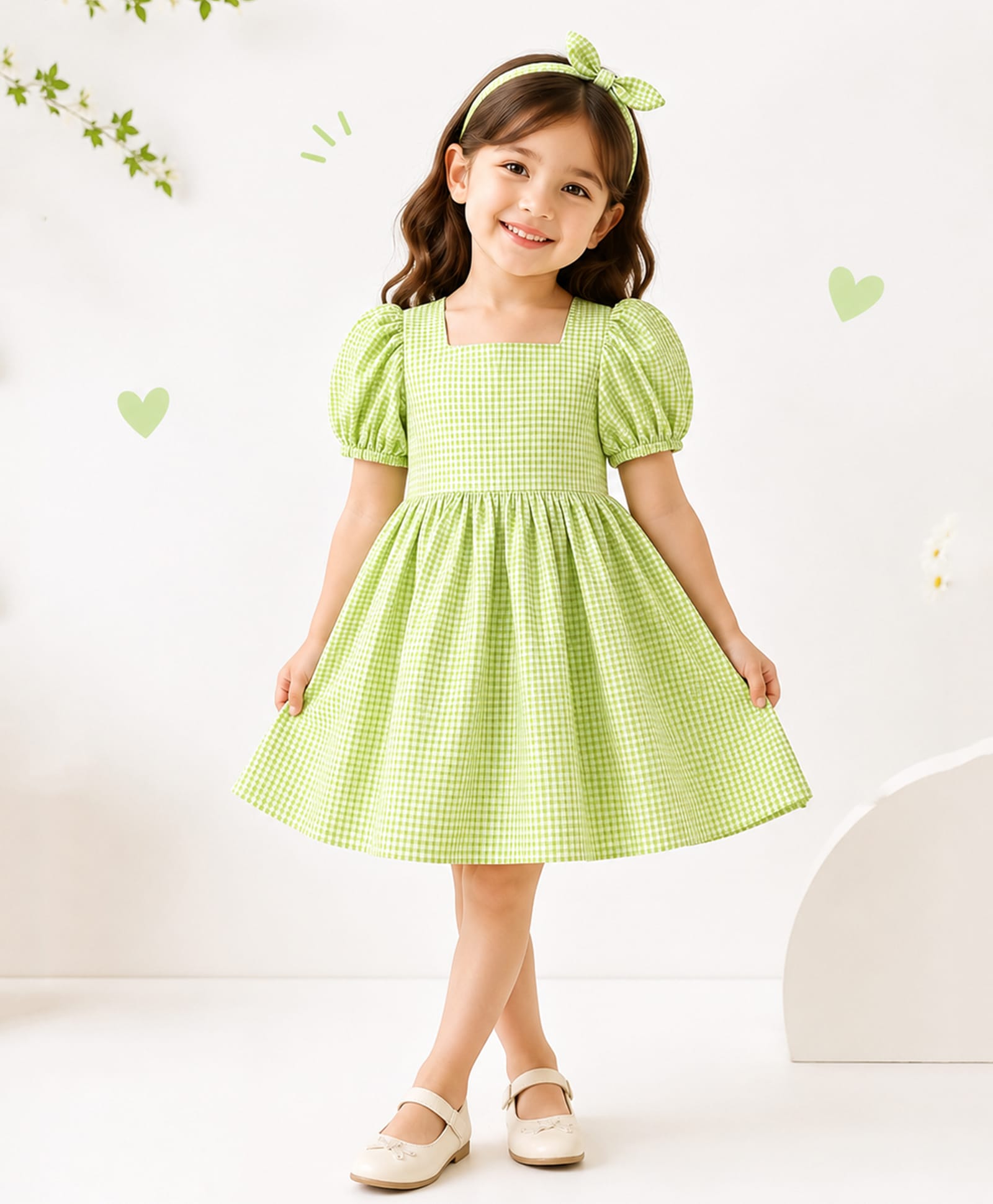 Little Ginnie Cotton Woven Half Sleeves Puffed Sleeves Checked Dress With Hair Band - Green-picture-37