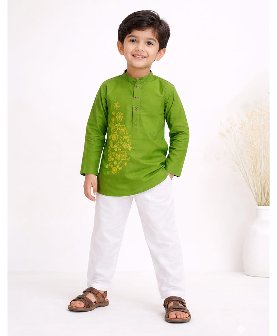 Little Ginnie Cotton Woven Full Sleeves Floral Embroidered Kurta & Pyjama Set - Green-picture-28