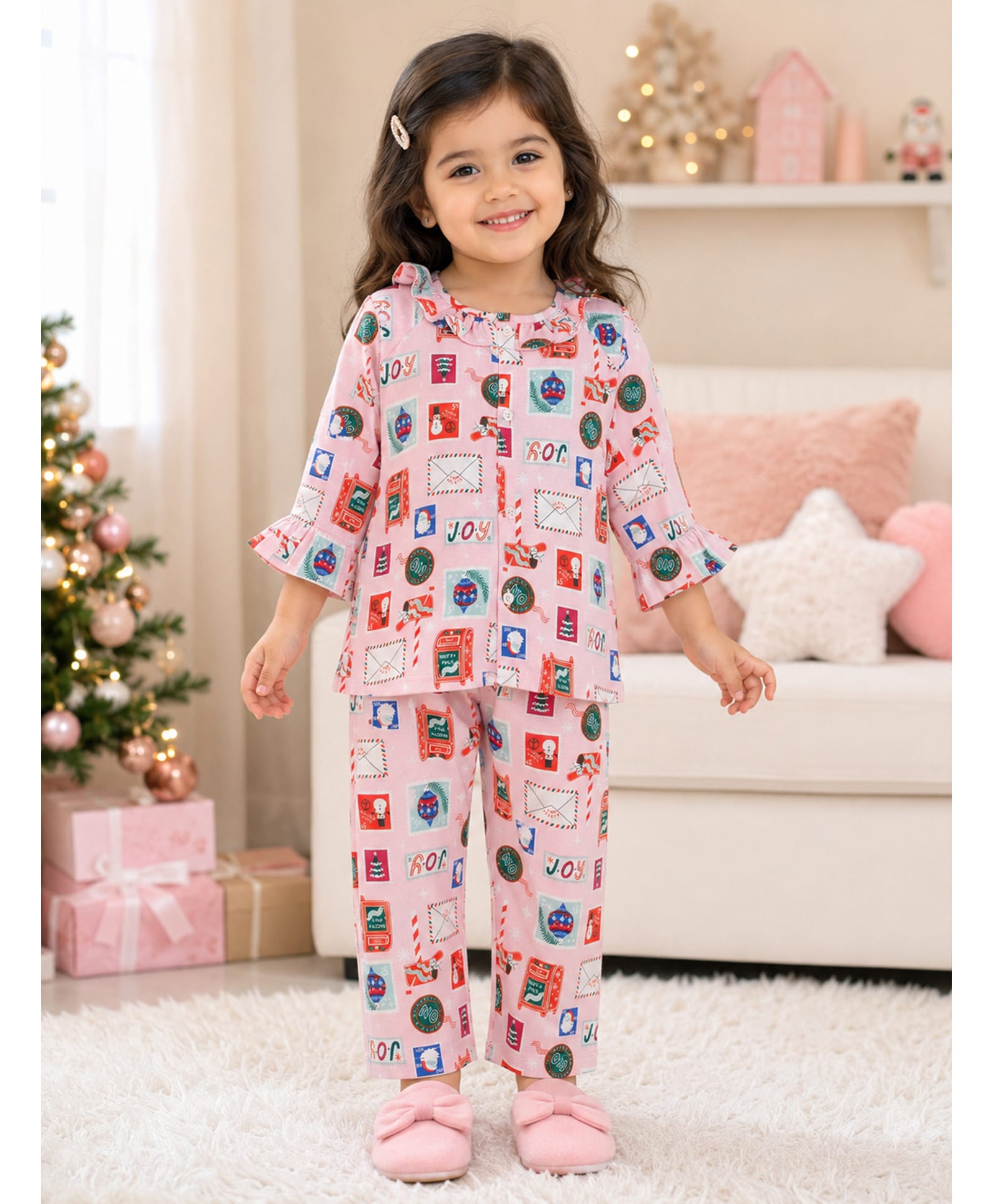 Little Ginnie Cotton Woven Full Sleeves Joy Text Printed Coordinating Shirt & Pajama Night Suit - Pink-picture-27