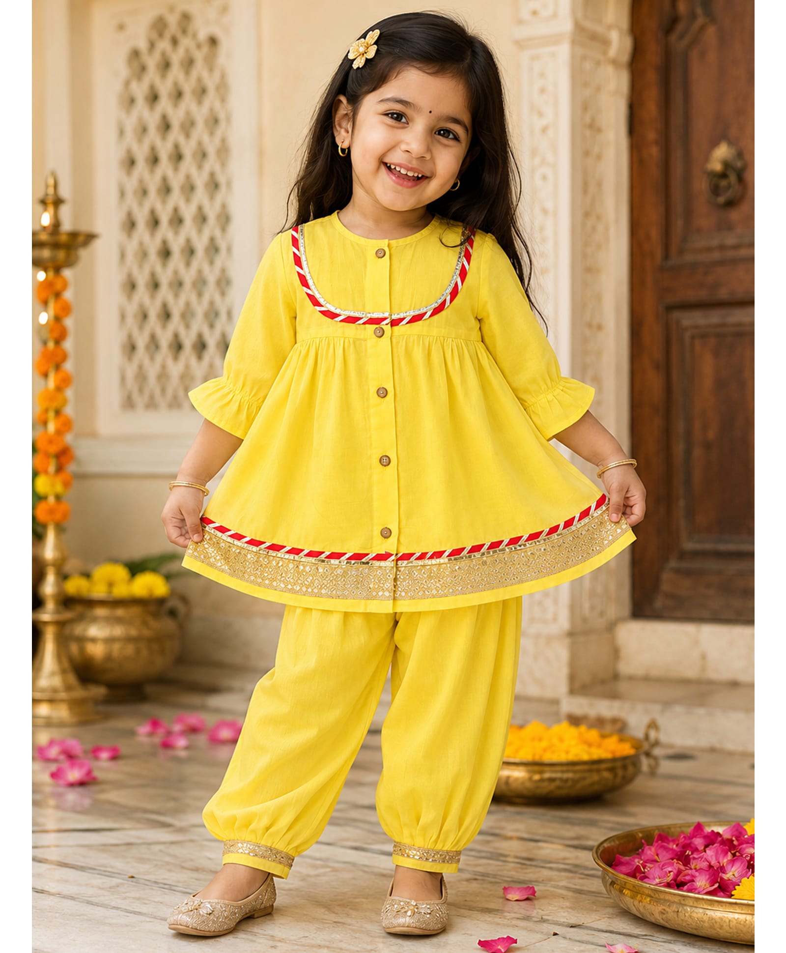 Little Ginnie Cotton Woven Three Fourth Sleeves Lace Embellished Kurti & Salwar Set - Yellow-image-29