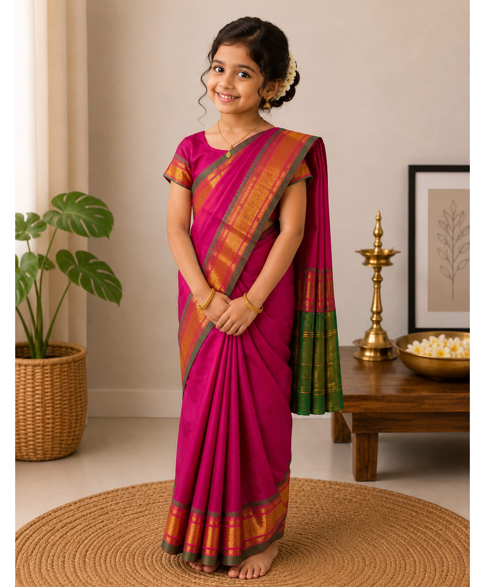 Little Ginnie Cotton Woven Half Sleeves Blouse With Zari Border Saree - Pink-image-1