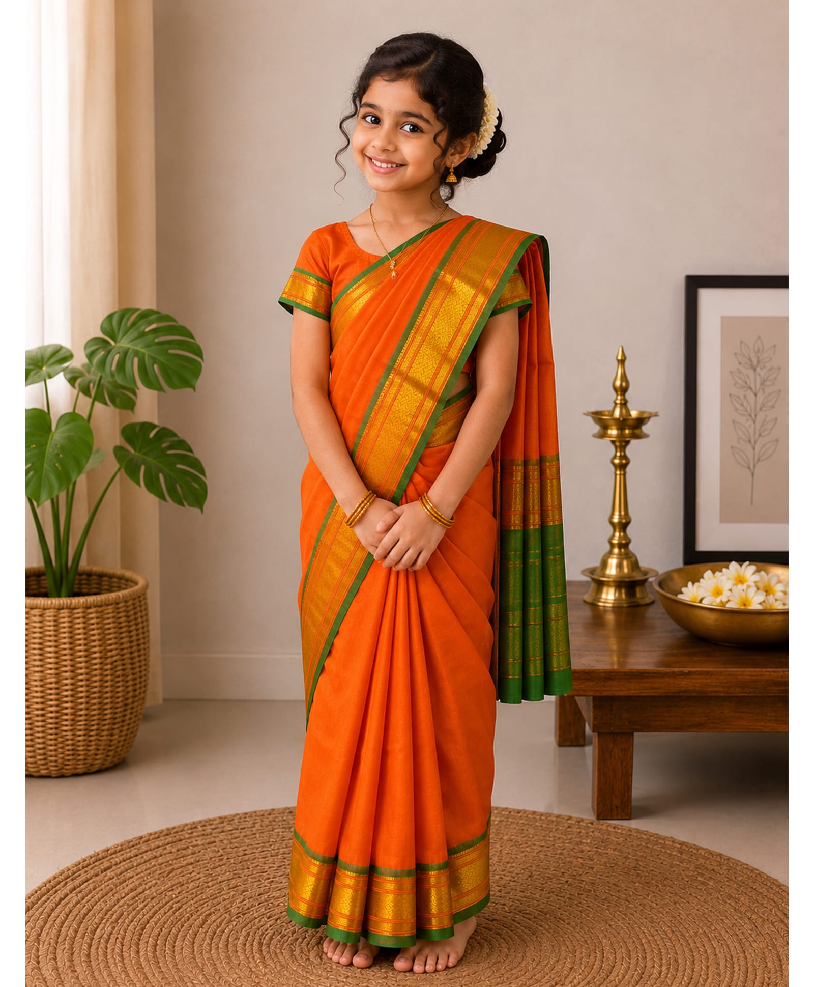 Little Ginnie Cotton Woven Half Sleeves Blouse With Zari Border Saree - Orange-image-49