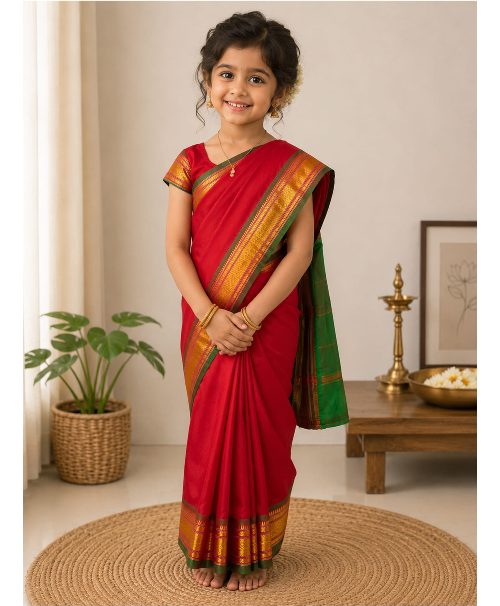 Little Ginnie Cotton Woven Half Sleeves Blouse With Zari Border Saree - Red-image-29