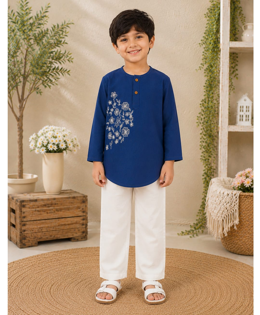 Little Ginnie Cotton Woven Full Sleeves Floral Embroidered Kurta & Pyjama Set - Navy Blue-picture-32