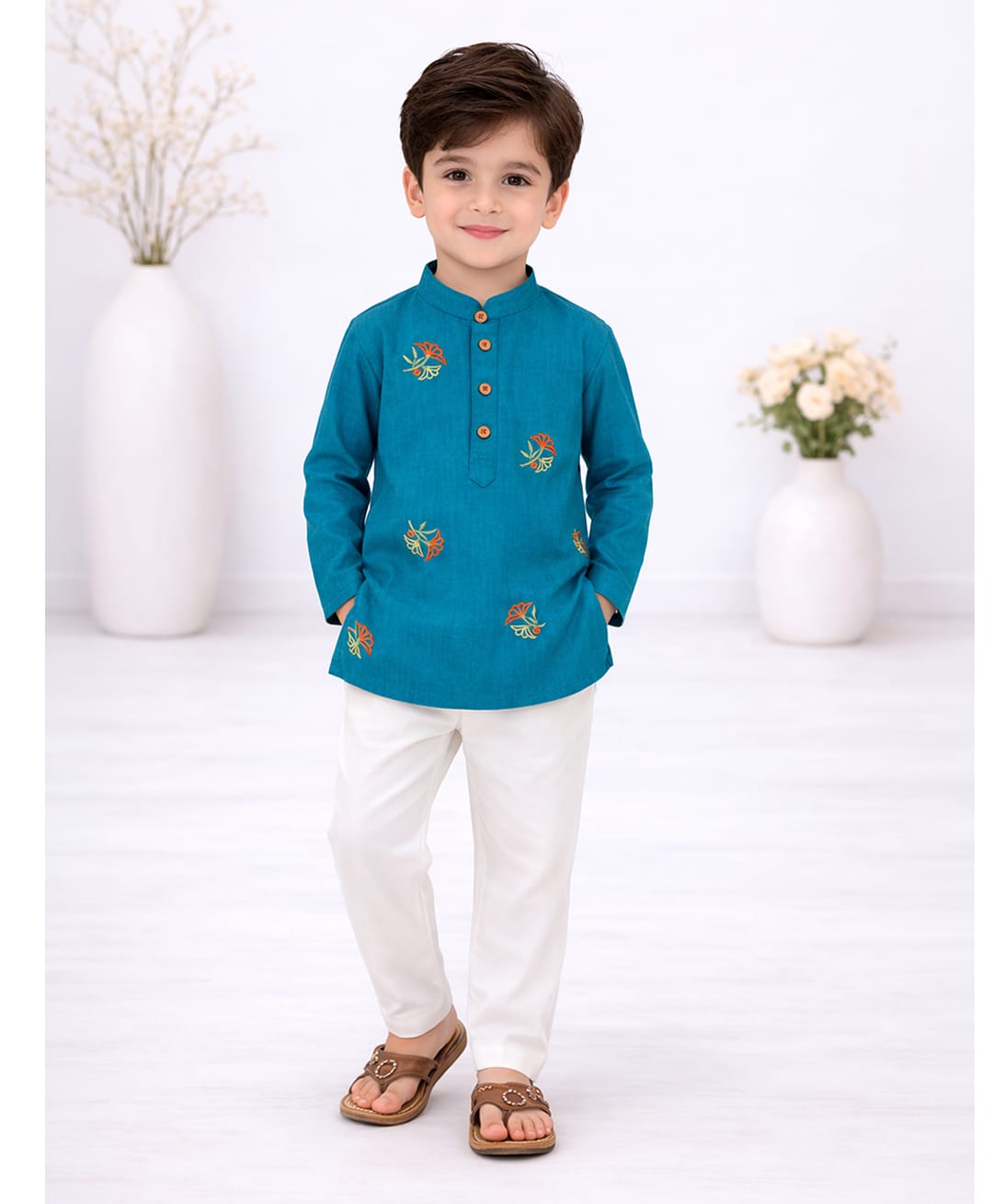 Little Ginnie Cotton Woven Full Sleeves Floral Embroidered Kurta & Pyjama Set - Green-picture-31