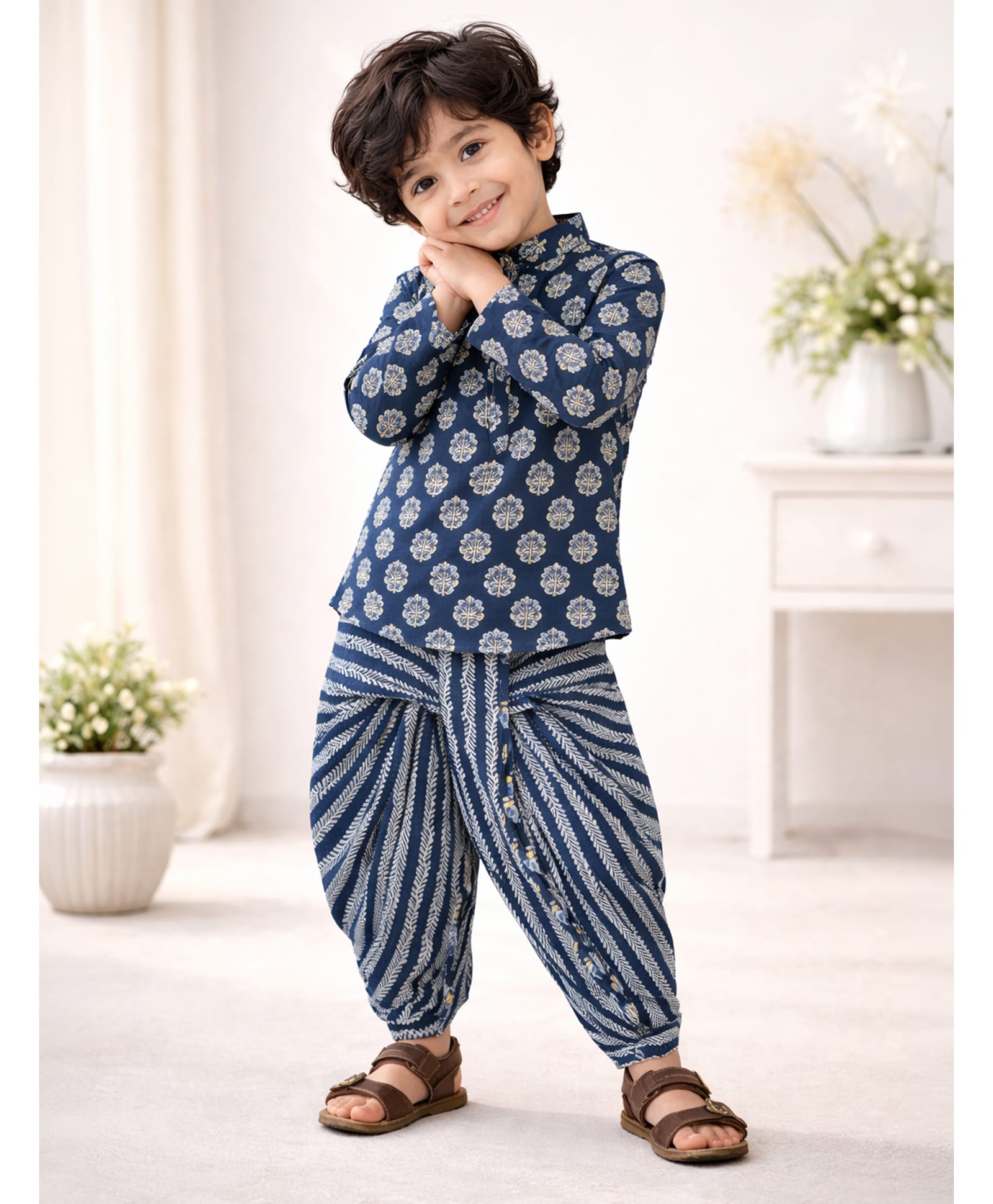 Little Ginnie Cotton Woven Full Sleeves Motifs Printed Kurta & Dhoti Set - Navy Blue-picture-24