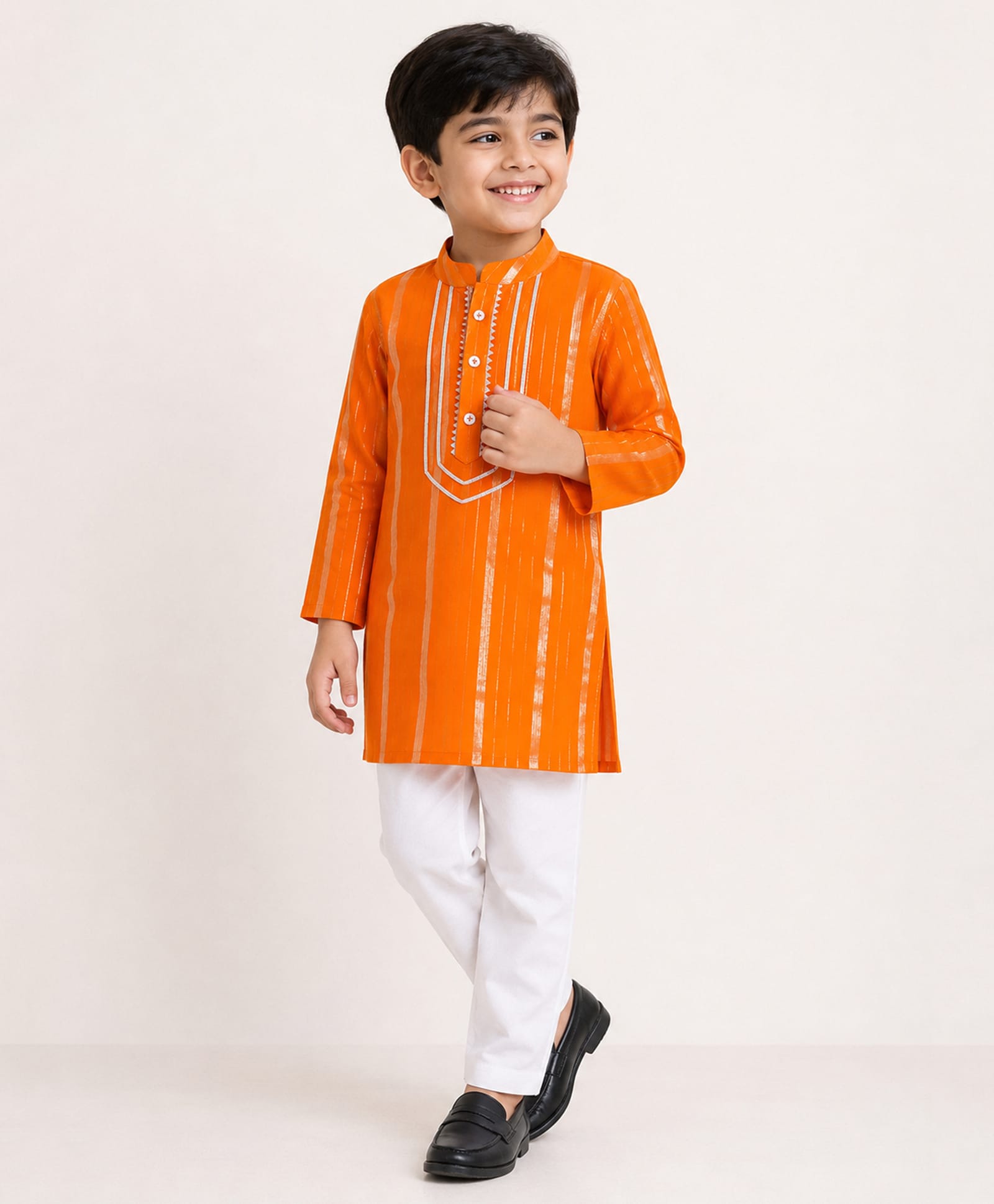 Little Ginnie Cotton Woven Full Sleeves Gota Lace Embellished Kurta & Pyjama Set - Orange-picture-34