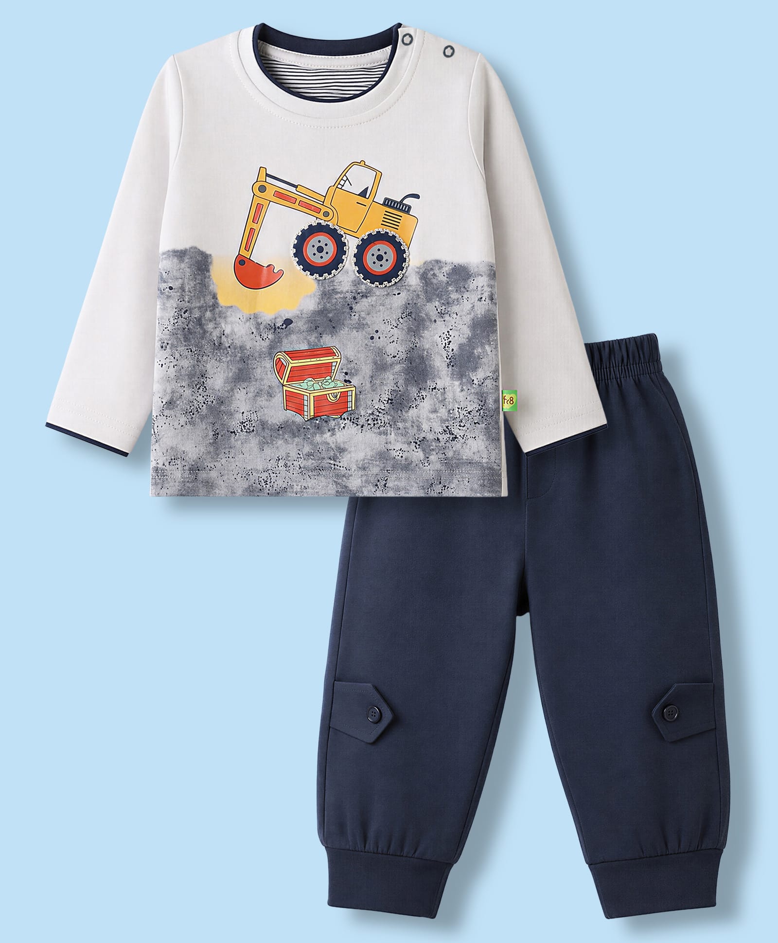 Mini Taurus 100% Cotton Knit Full Sleeves Construction Vehicles Printed T-Shirt & Pant Set With Wheel Patch - Light Grey-picture-28