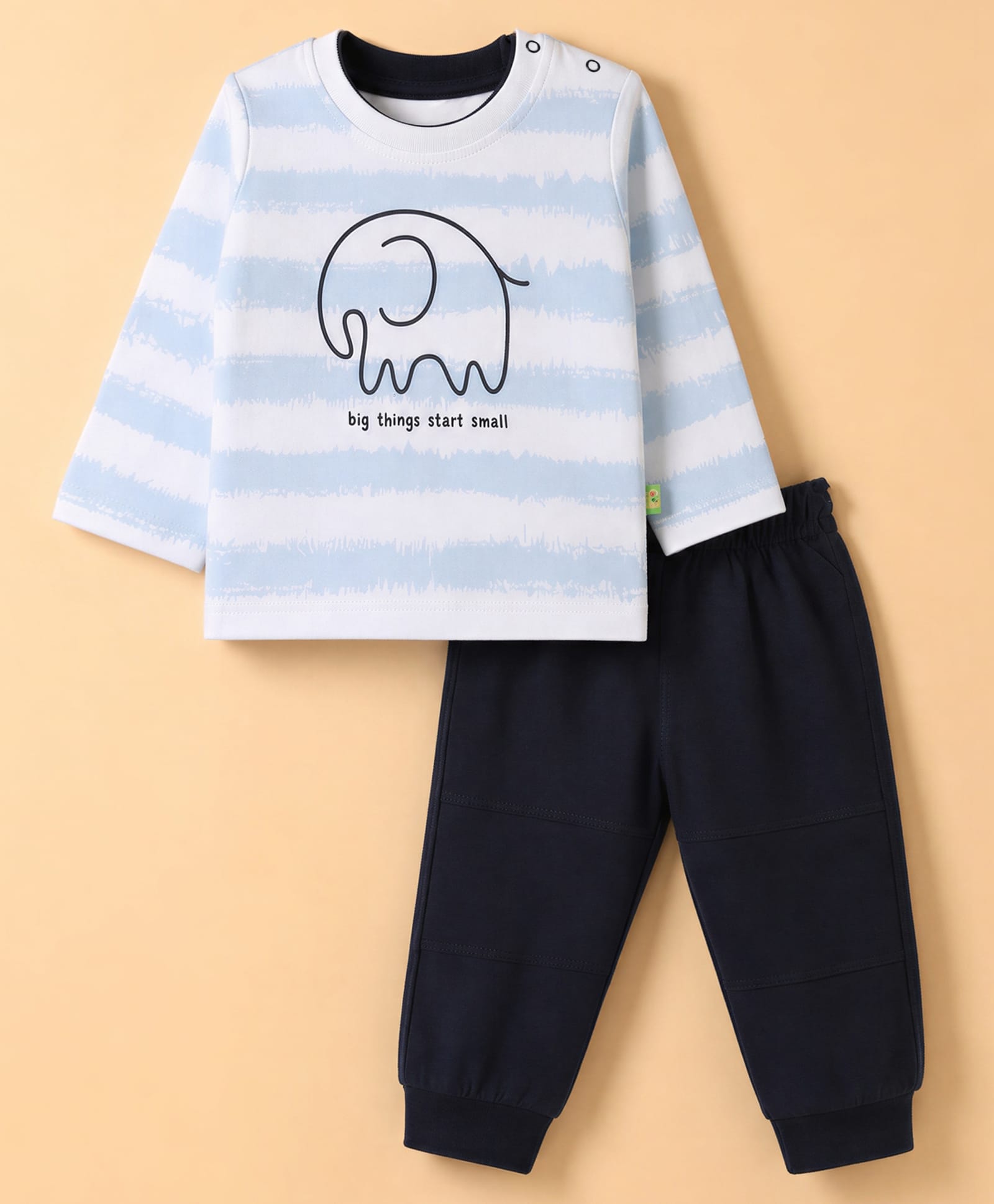 Mini Taurus 100% Cotton Knit Full Sleeves Striped & Elephant Printed T-Shirt & Pant Set - Light Blue-picture-47