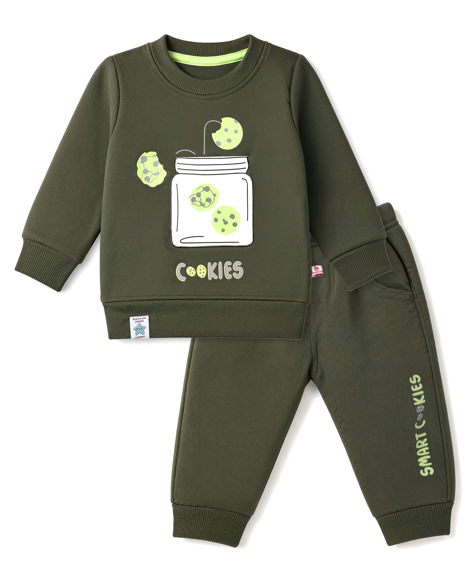 Mini Taurus Fleece Knit Winter Wear Suits Full Sleeves With Text Print - Green-picture-0