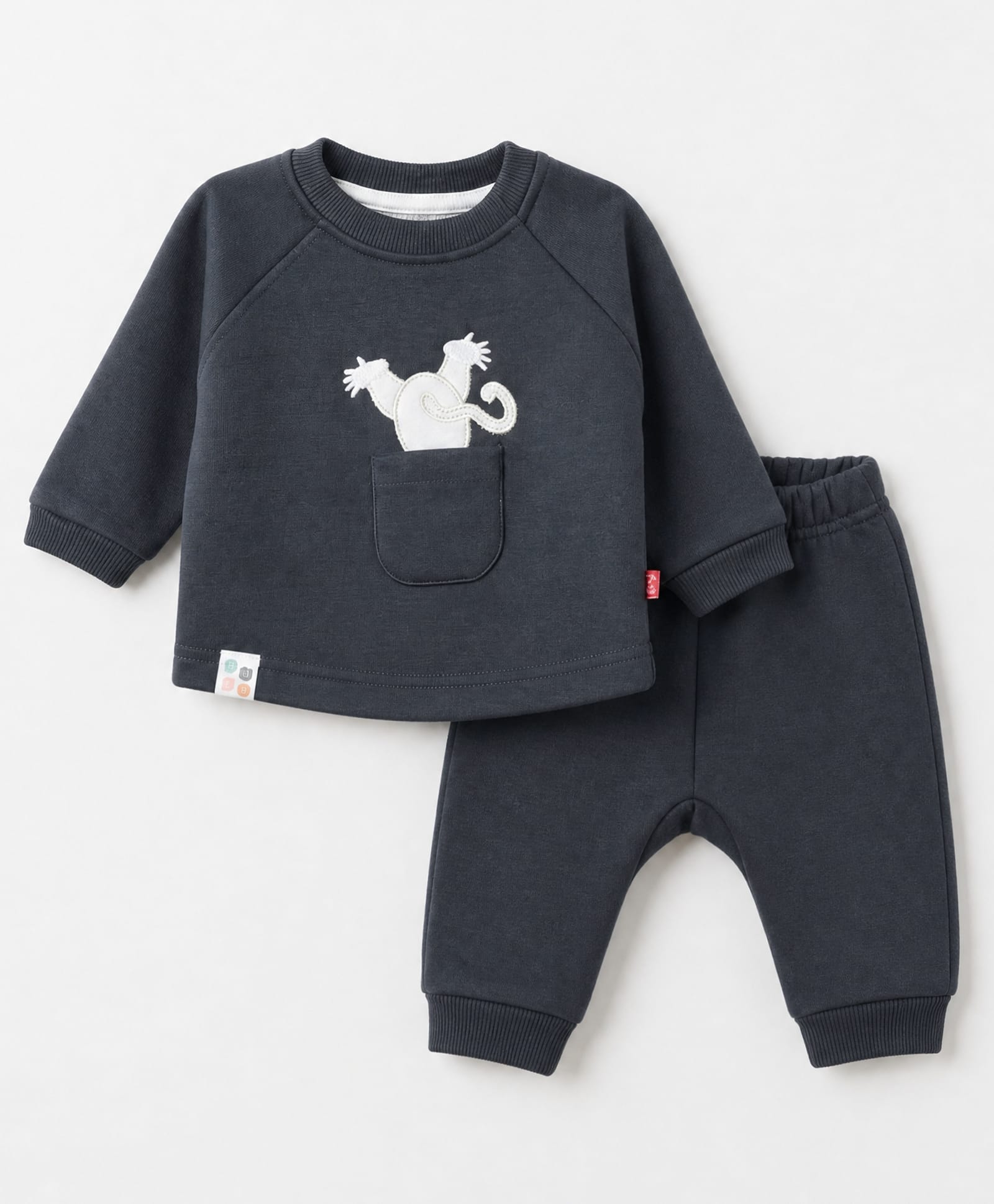 Mini Taurus Fleece Knit Full Sleeves Winter Wear Suit With Animal Print - Charcoal Grey-picture-8
