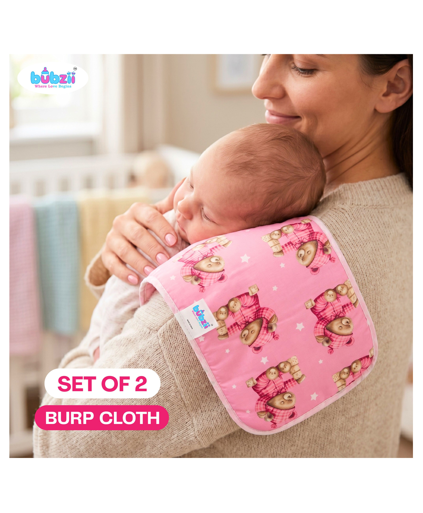 Bubzii Burp Cloth Wash Clothes Set of 2 Feeding, Bath Time, Travel & Burb Cleaning Soft & Breathable High Absorbency Machine Washable Burp Cloth Burp Pad Set of 2-image-41