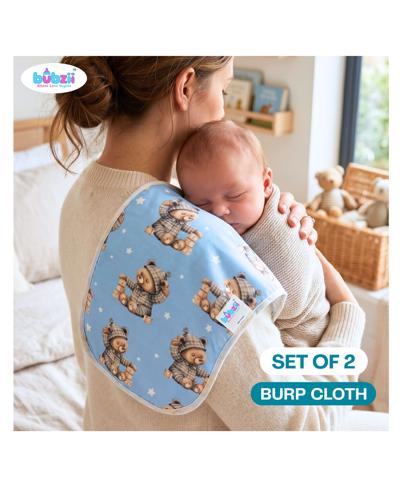 Bubzii Burp Cloth Wash Clothes Set of 2 Designed in USA now in India can be used as face towels, washcloth, baby bibs and large napkins-image-21