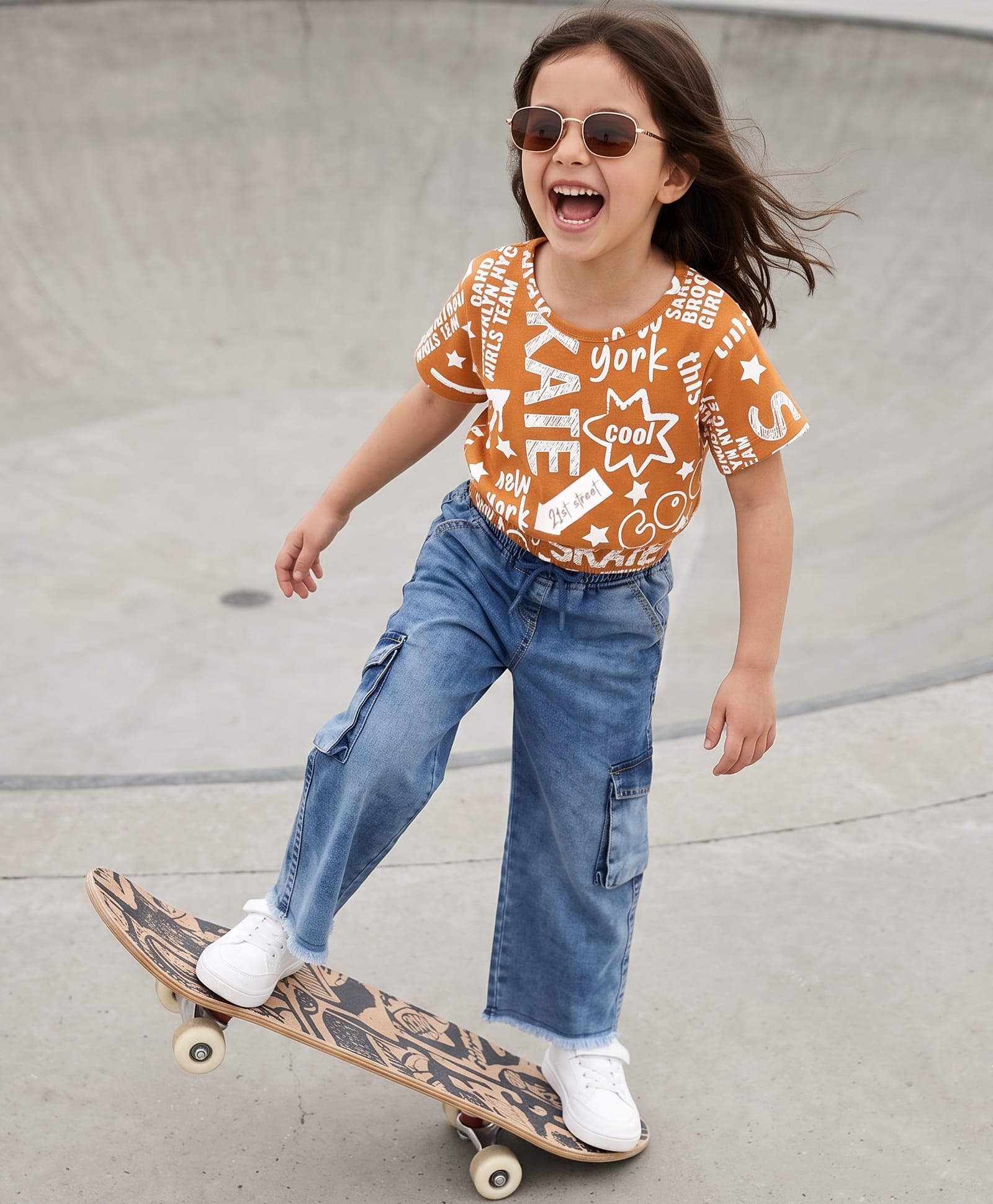 OLLINGTON ST. Cotton Sinker Knit Half Sleeves Text Printed Top & Ankle Length Denim Pant - Rust Orange & Blue-image-37