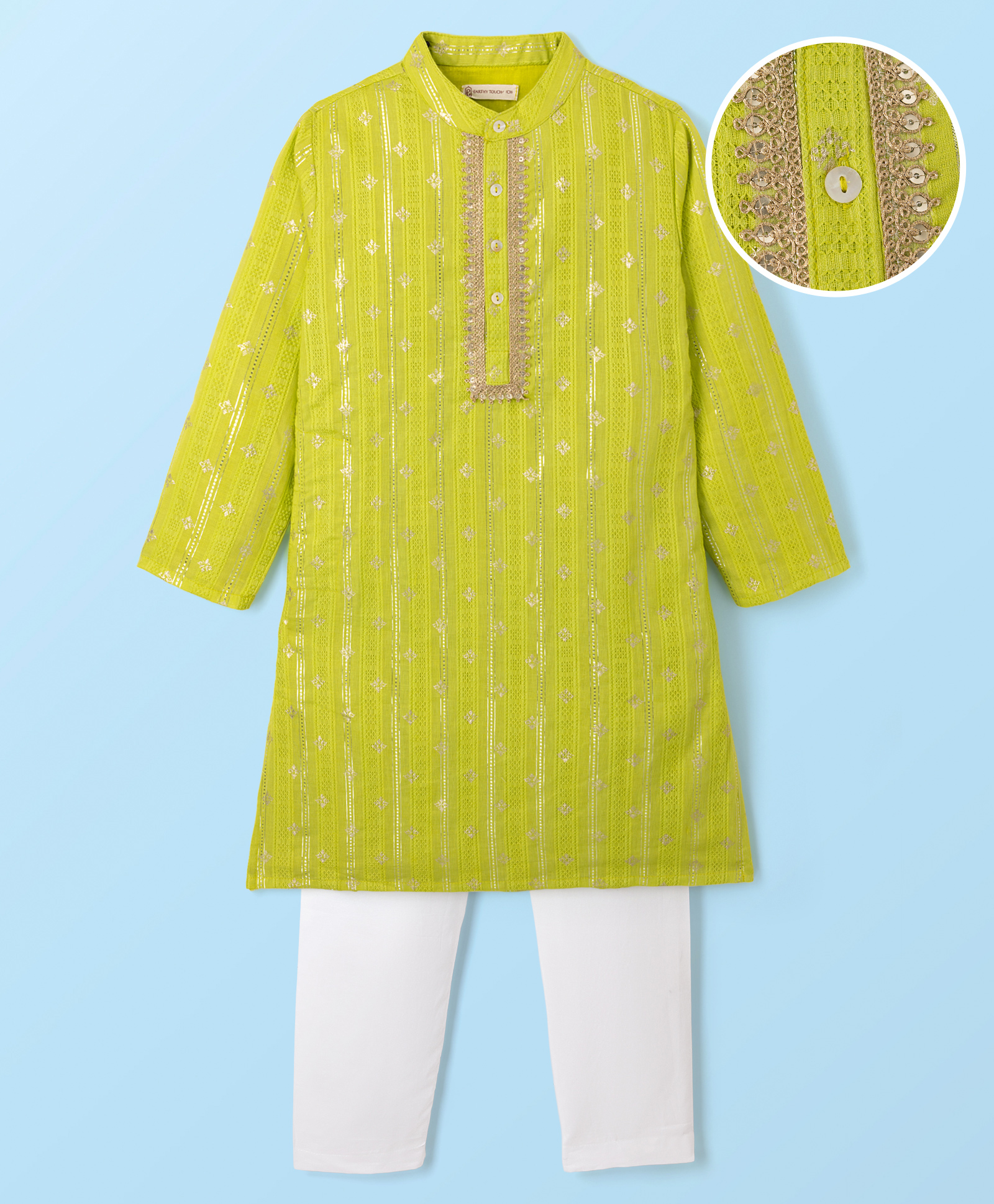 EARTHY TOUCH Viscose Woven Full Sleeves Kurta Pyjama Sets With Sequin Neck Detailing & Foil Print Stripe - Lime Green-picture-12