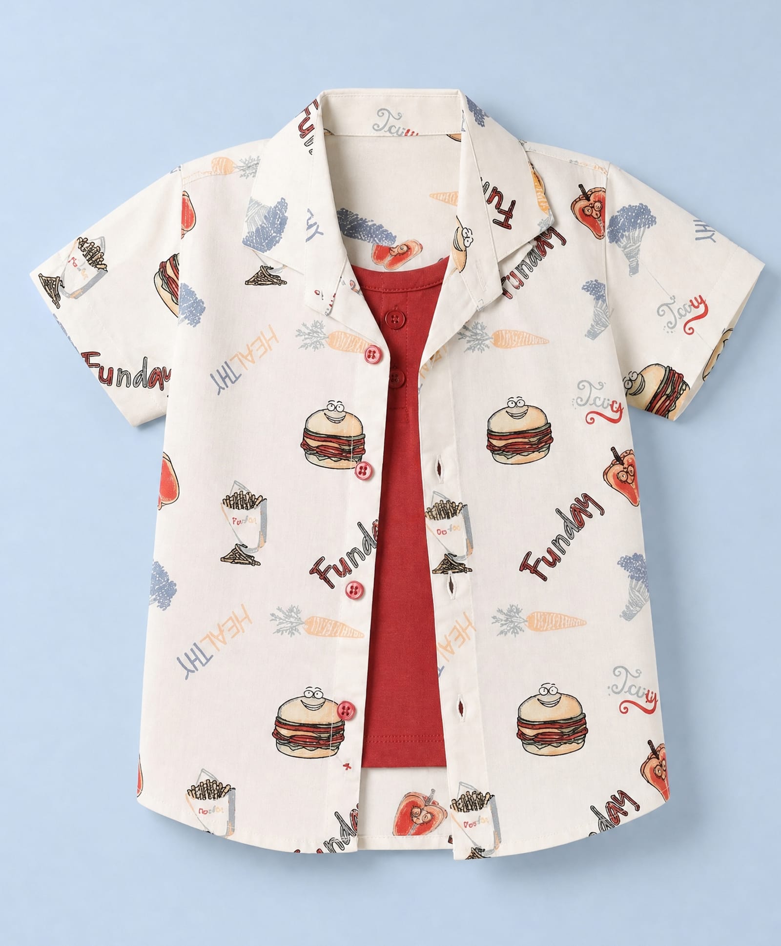 Dapper Dudes Cotton Woven Half Sleeves Shirt with Attached Tee and Burger Print -Cream-image-43