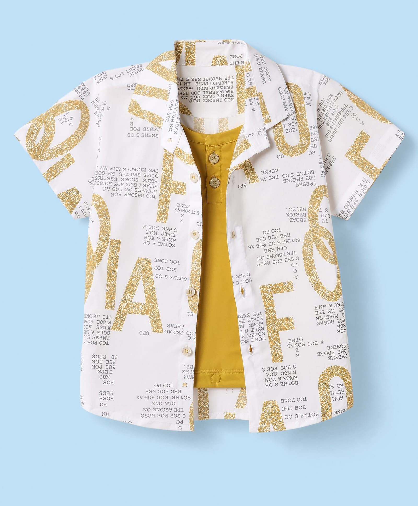 Dapper Dudes Cotton Woven Half Sleeves Shirt with Attached Tee and Text Print - Mustard-picture-18