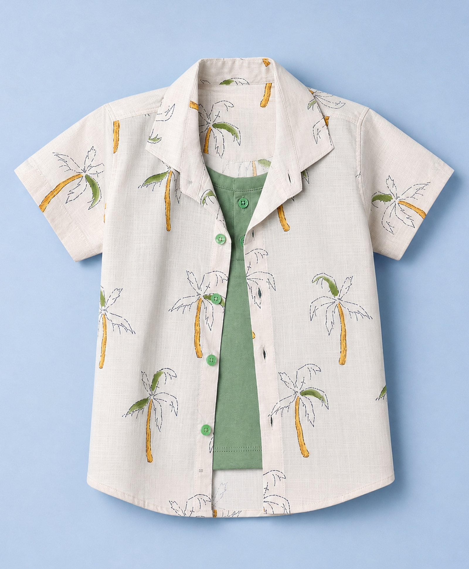 Dapper Dudes Cotton Woven Half Sleeves Shirt with Attached Tee and Palm Tree Print -Light Green-image-7