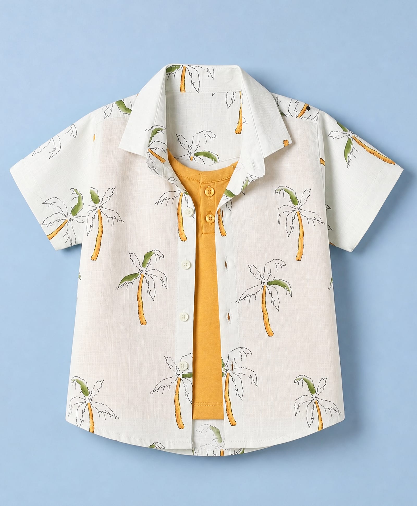 Dapper Dudes Cotton Woven Half Sleeves Shirt with Attached Tee and Palm Tree Print - Mustard-image-34