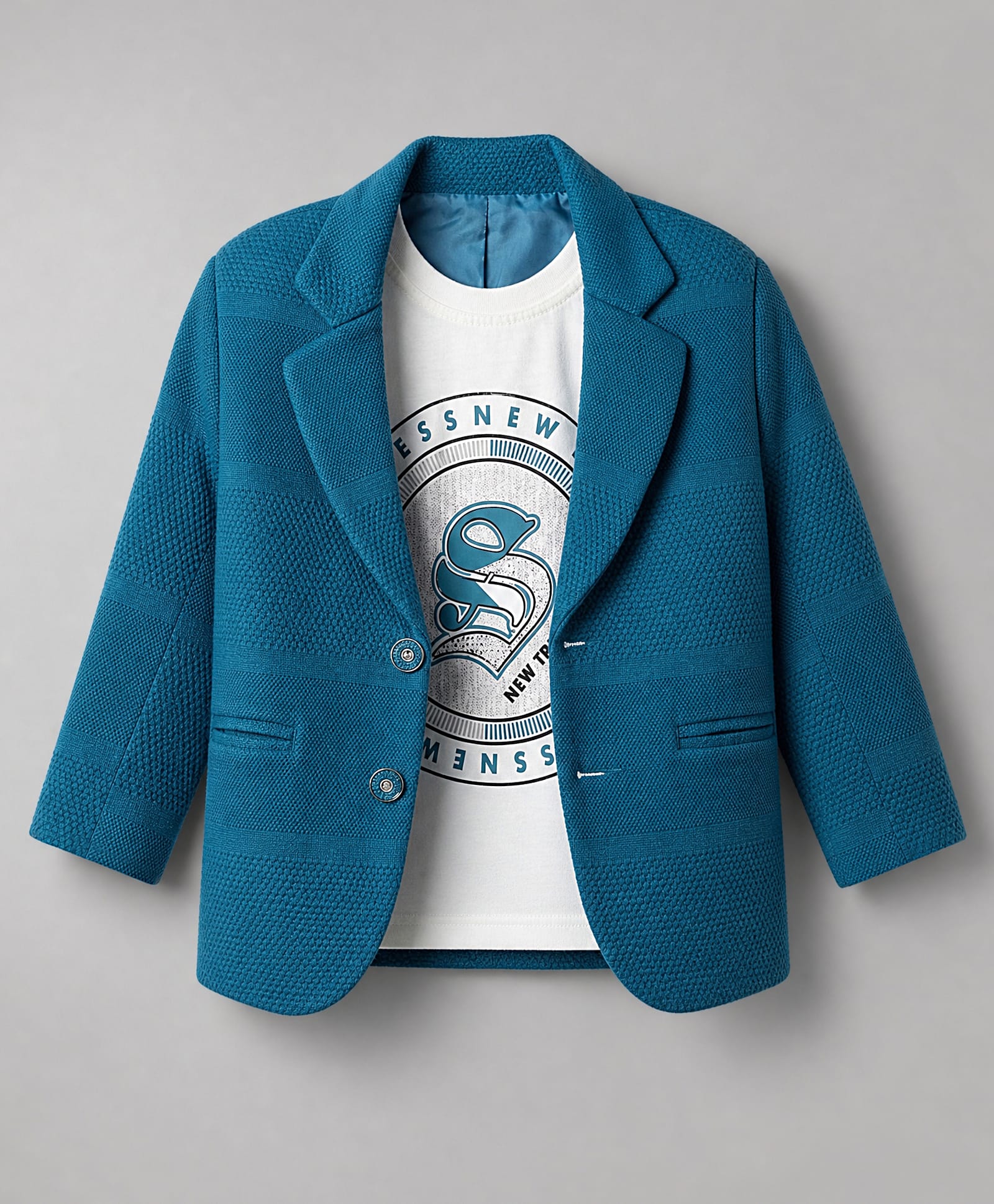 Dapper Dudes Cotton Woven Full Sleeves Textured Blazer With Printed Tee - Teal Blue-picture-22