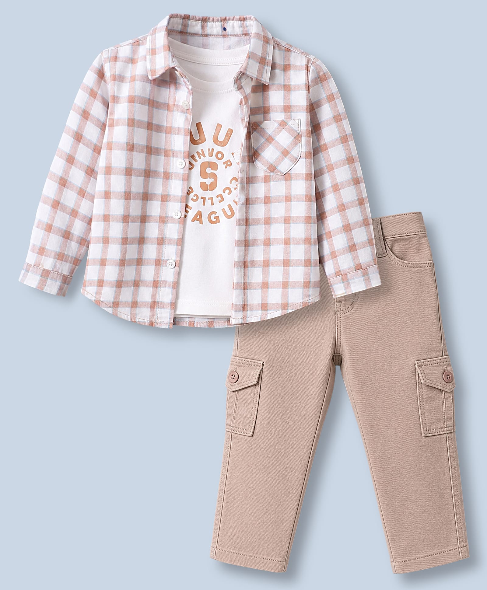 Dapper Dudes Cotton Woven Full Sleeves Checked Shirt With Printed Tee & Pant Set - Peach-image-43