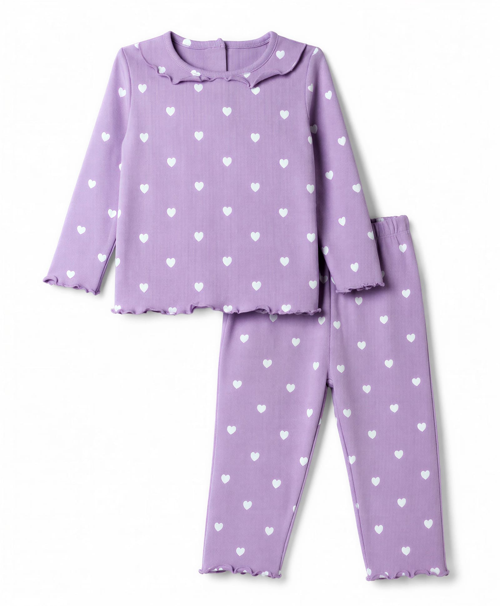 Babyhug Cotton Knit Rib Full Sleeves Co-Ords T-Shirt & Pyjama Winter Night Suit with Heart Print - Lavender-image-26