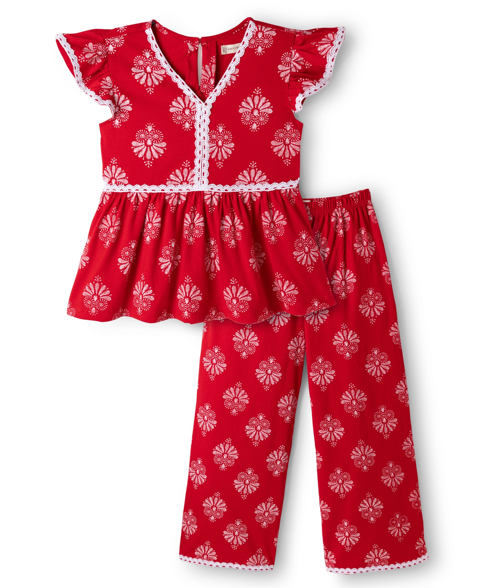EARTHY TOUCH Cotton Jersey Knit Half Sleeves Top & Palazzo Indo Western Sets with Floral Print - Red-image-31
