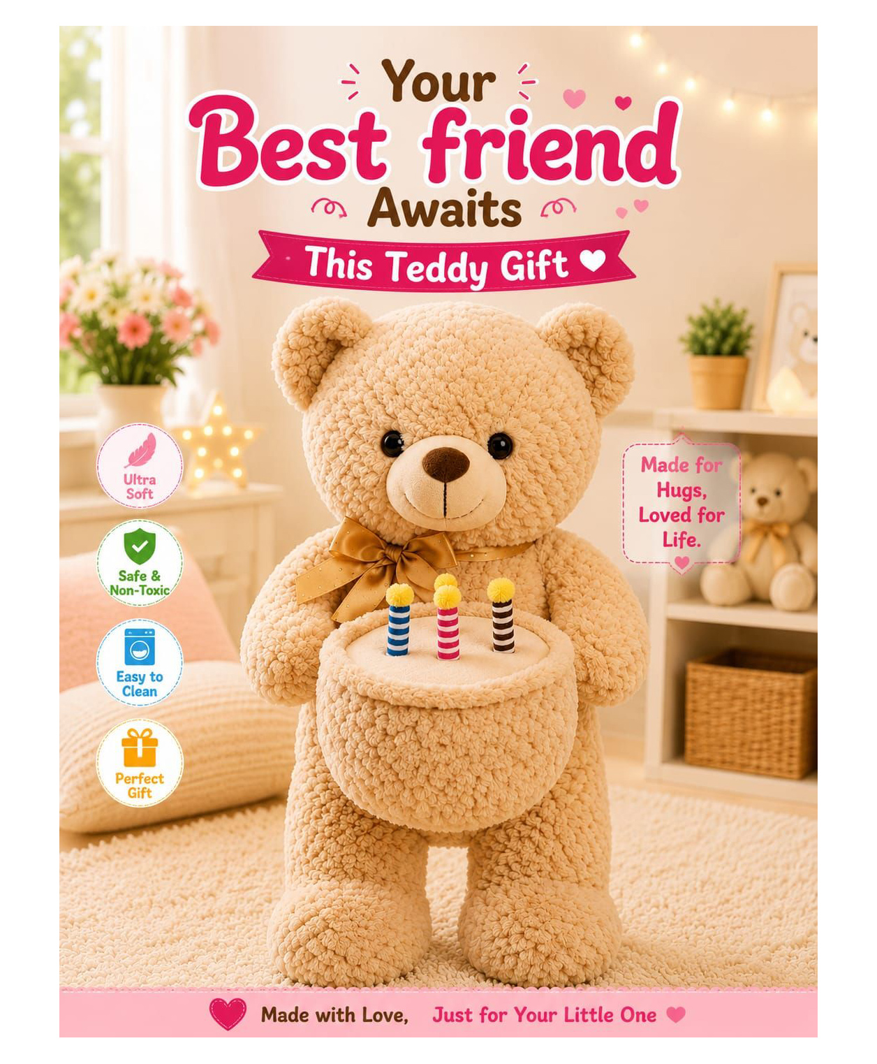 Besties 60 cm Cake Teddy Bear Soft Toy | Gifting for Birthday, Anniversary or Other Occasions | Boys & Girls | Stuffed Animal Baby Safe | Cuddle & Travel Partner | Room & Car Décor - Brown-picture-11