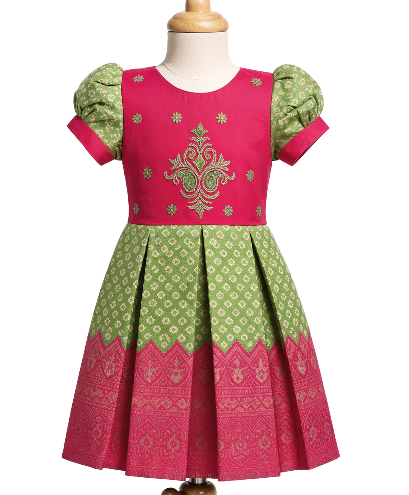 Enfance Silk Woven Half Sleeves Banarasi Print & Hand Worked Pattu Pavdai Dress - Dark Pink-picture-21