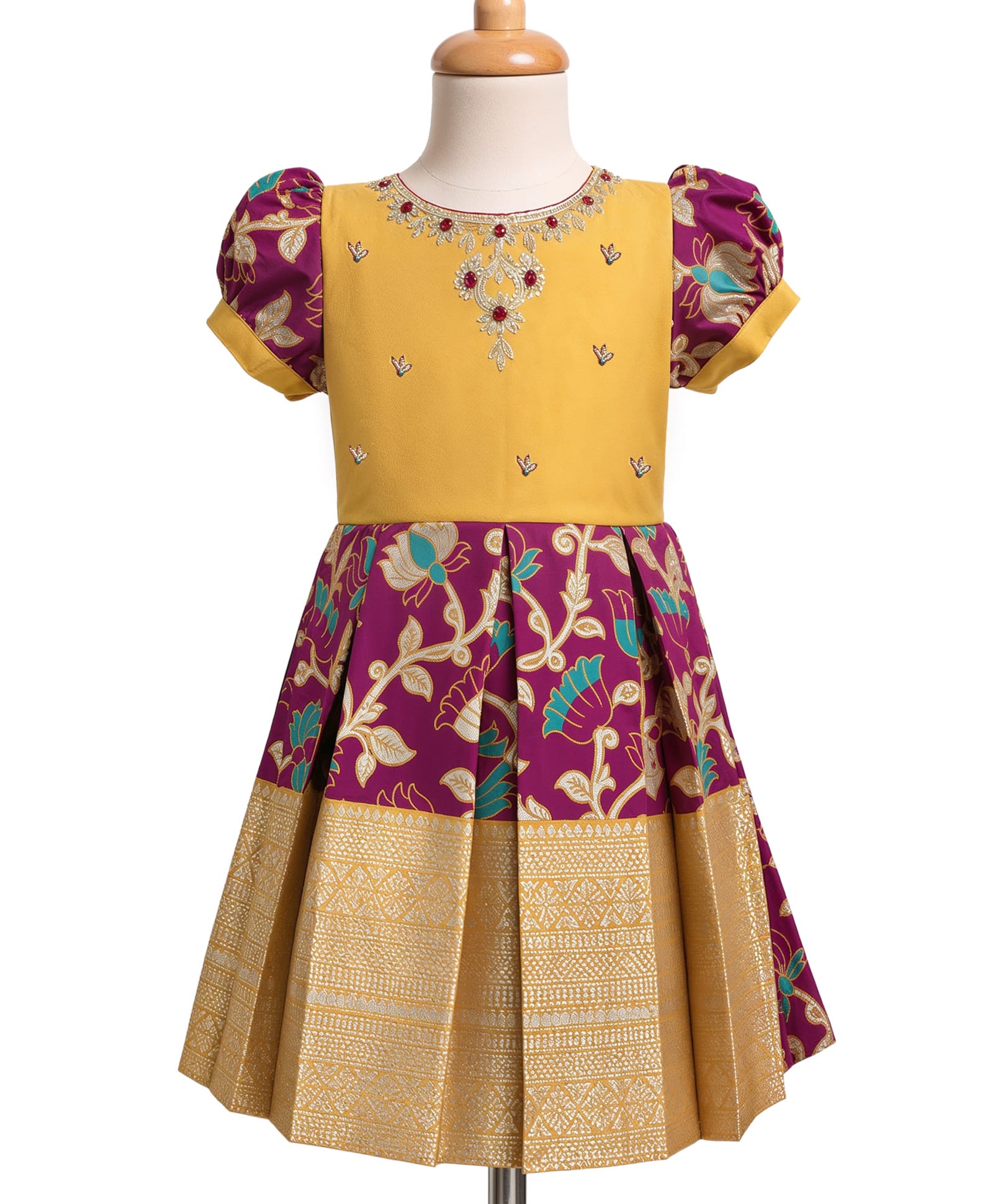 Enfance Silk Woven Half Sleeves Banarasi Print & Hand Worked Pattu Pavdai Dress - Mustard-image-39