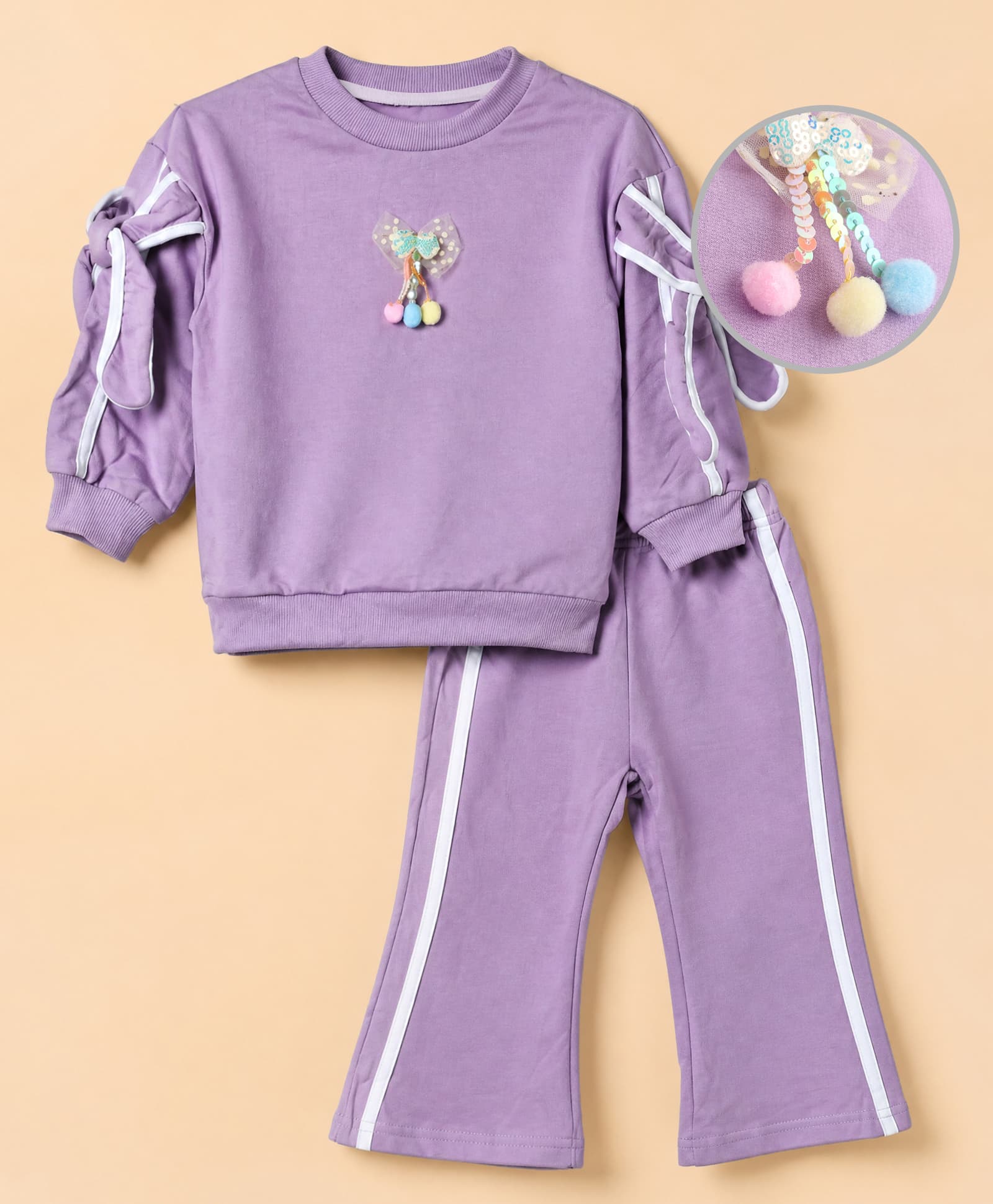 Mark & Mia 100% Cotton Full Sleeves T-Shirt and Pant Winter Wear Suit with Bow Applique- Purple-picture-11