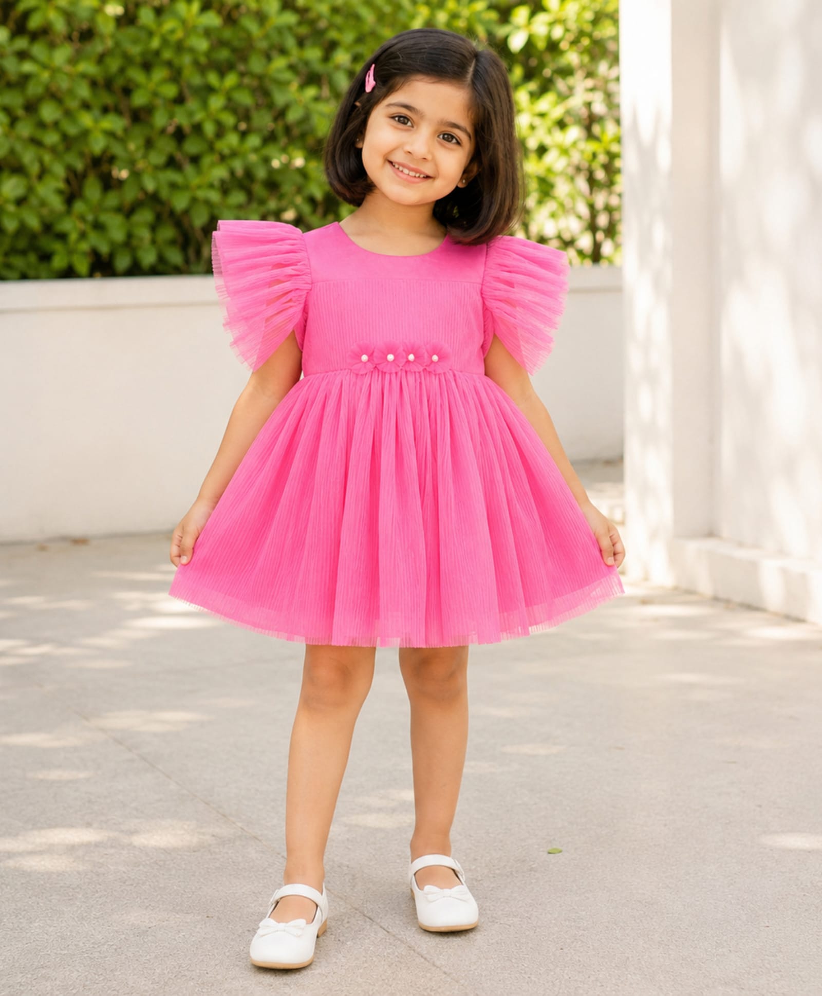 The Magic Wand Woven Frill Sleeves Pearl Embellished Floral Applique Detailed Tulle Dress - Pink-picture-26