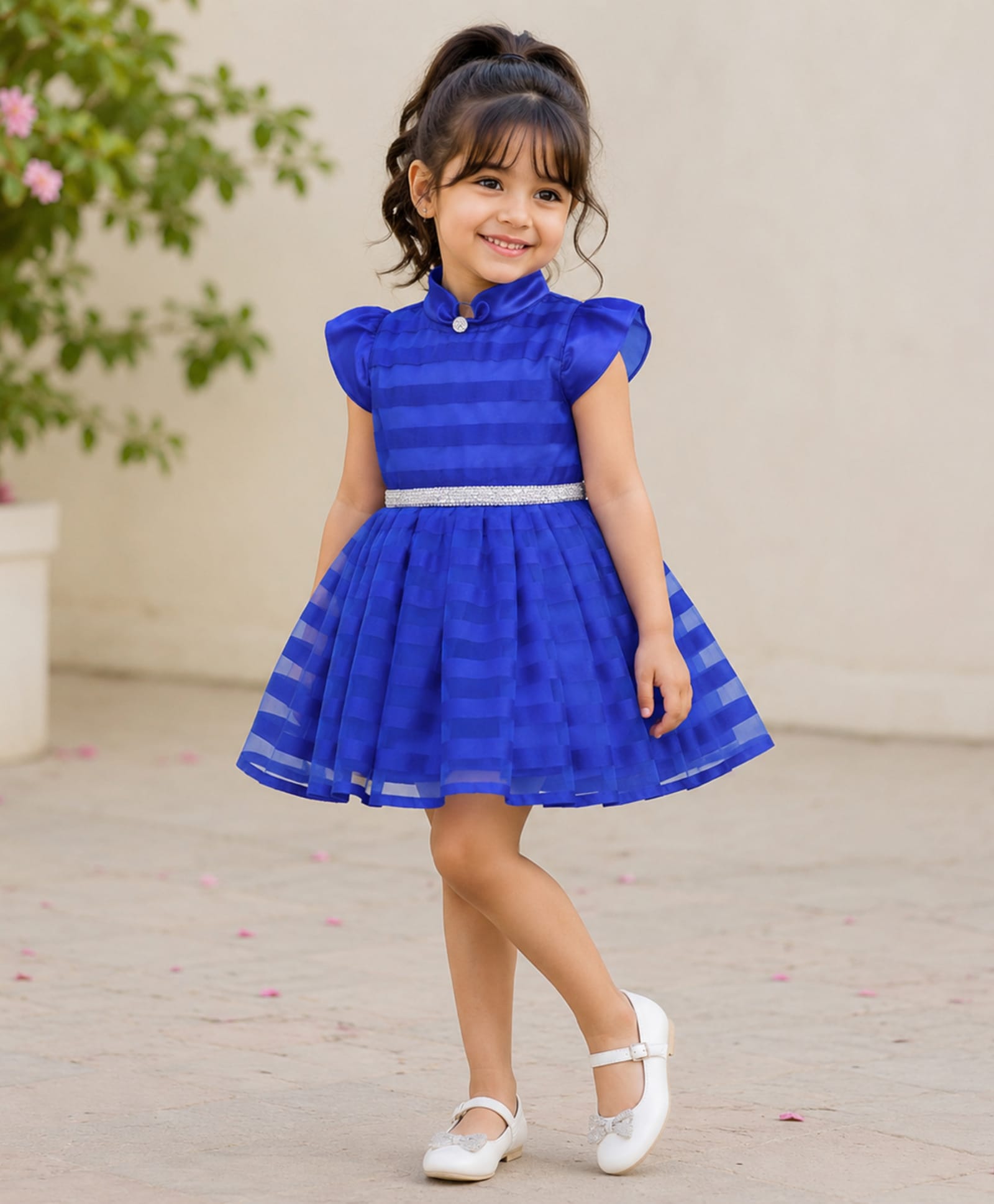 The Magic Wand Woven Cap Sleeves Stones Embellished Striped Dress - Royal Blue-image-10
