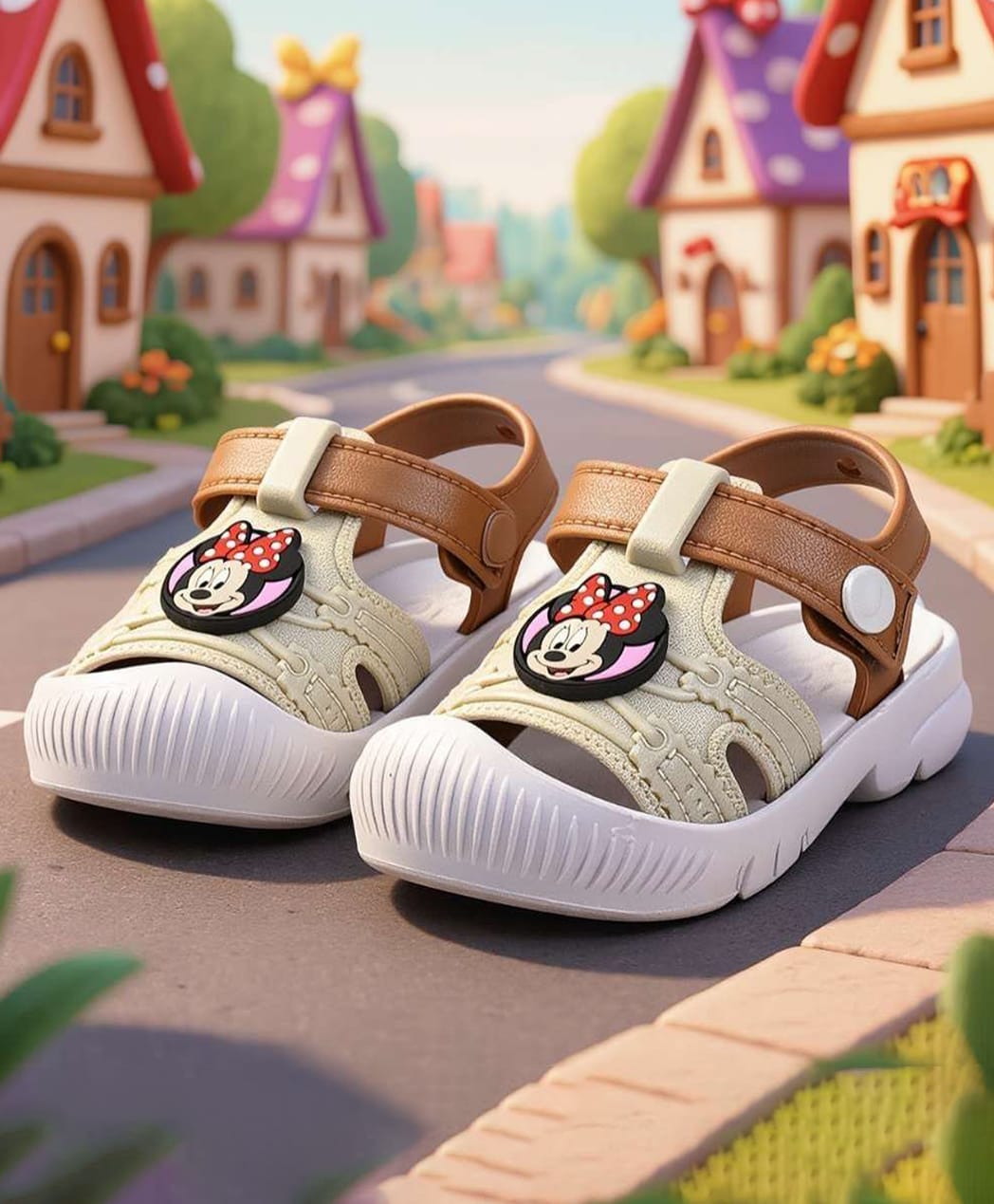 Yellow Bee Mickey & Friends Featuring Minnie Mouse Applique Detailed Button Closure Sandals - Beige & Brown-picture-22