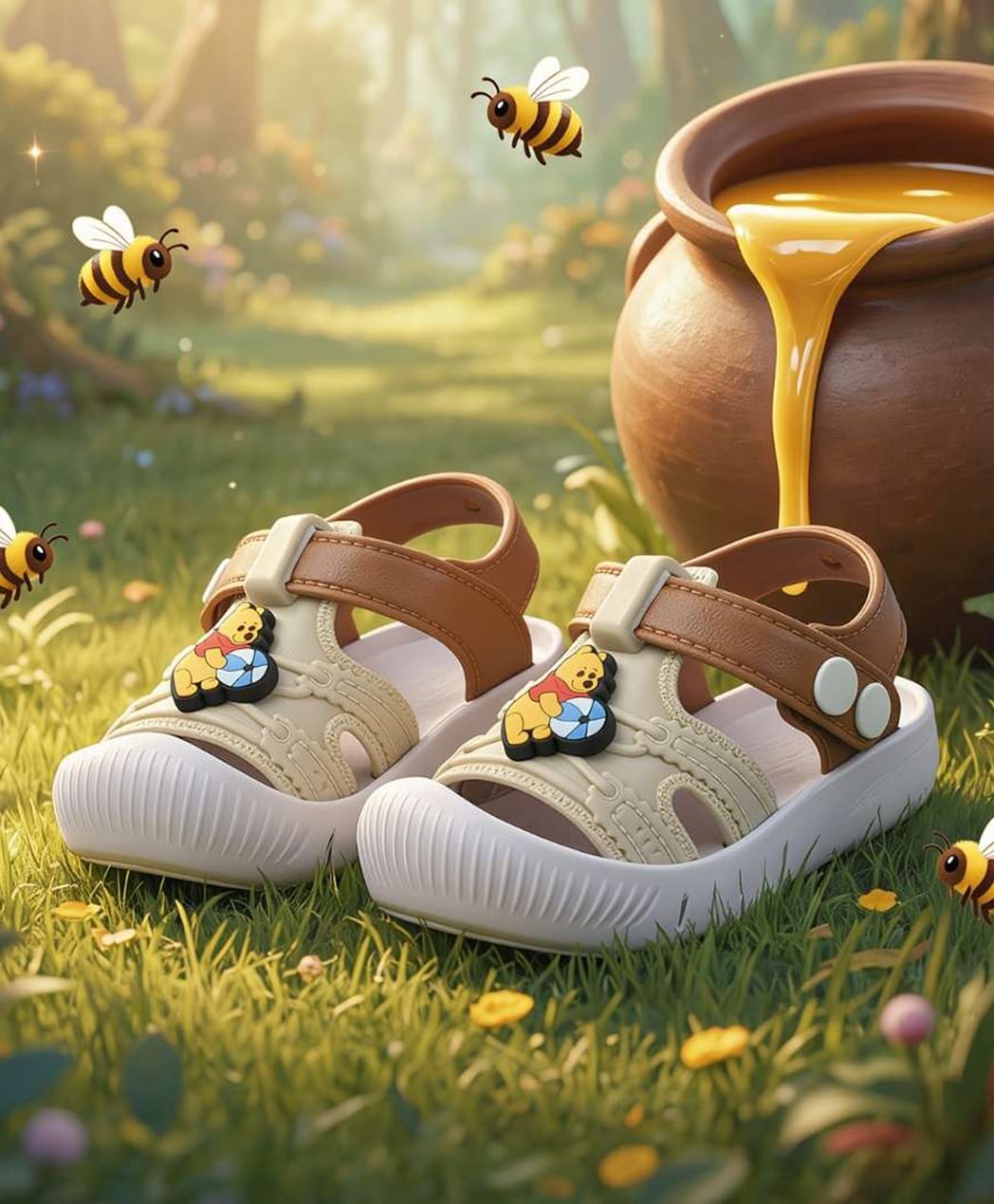 Yellow Bee Disney Featuring Winnie The Pooh Applique Detailed Button Closure Sandals - Beige & Brown-image-5
