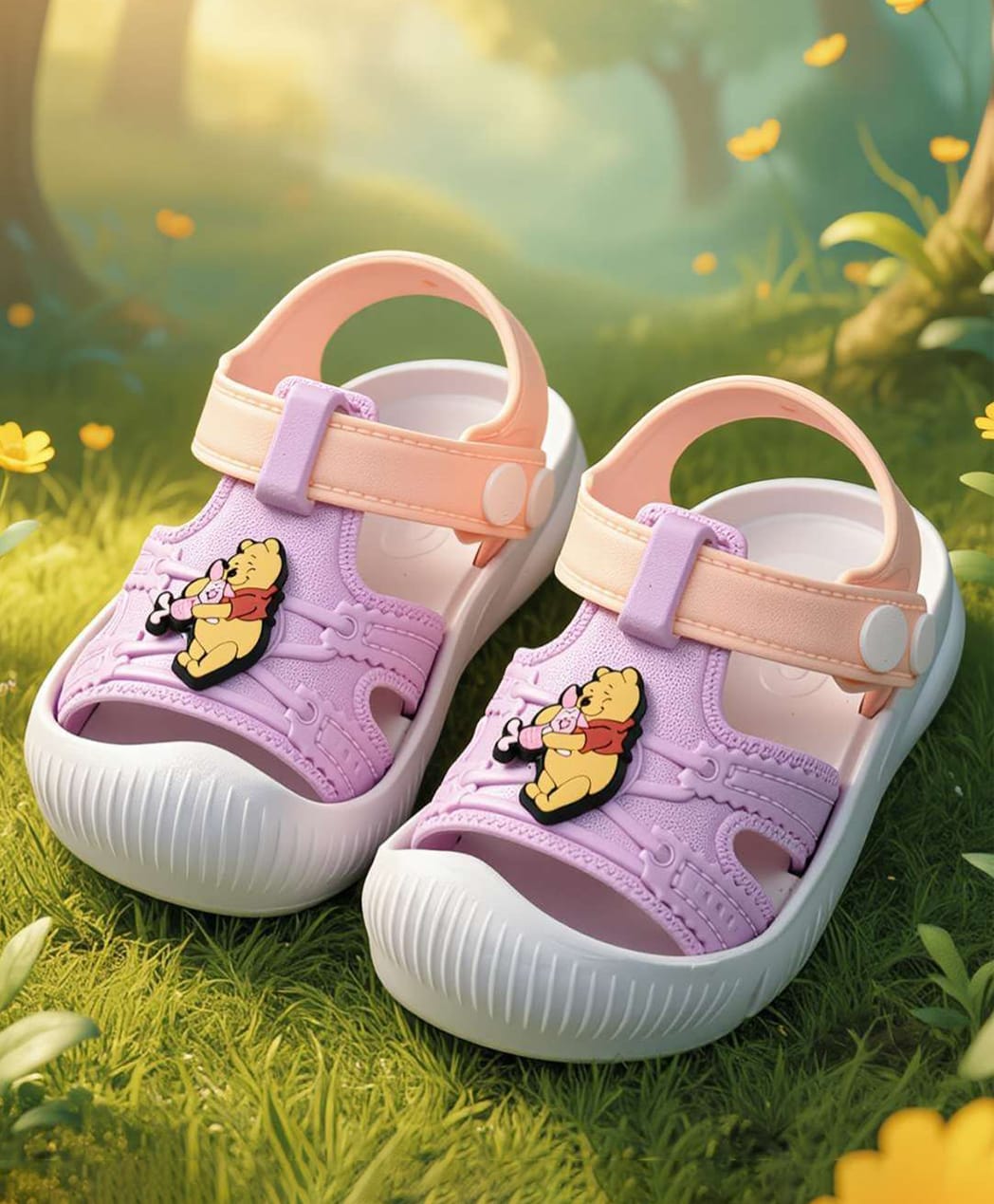 Yellow Bee Disney Featuring Winnie The Pooh & Piglet Applique Detailed Button Closure Sandals - Pink & Peach-picture-20