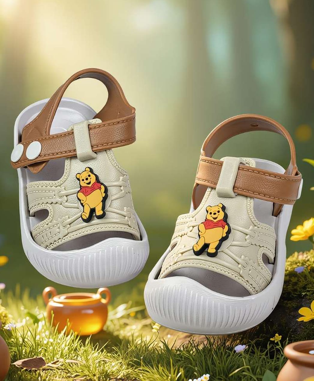 Yellow Bee Disney Featuring Winnie The Pooh Applique Detailed Button Closure Sandals - Beige & Brown-picture-26