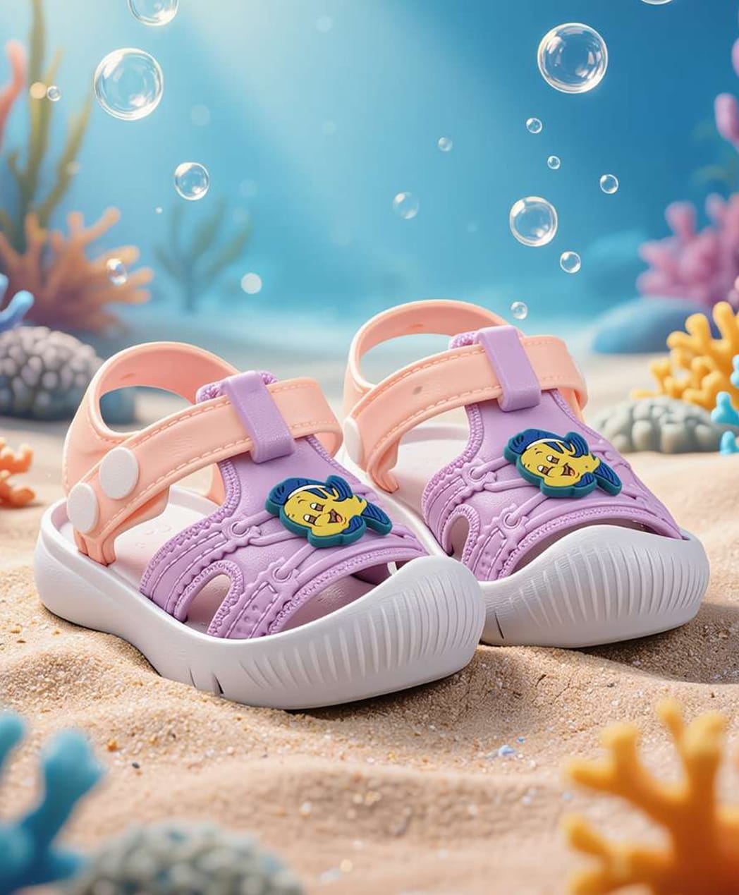 Yellow Bee Disney Featuring Princess Ariel Flounder Applique Detailed Button Closure Sandals - Pink & Peach-picture-39