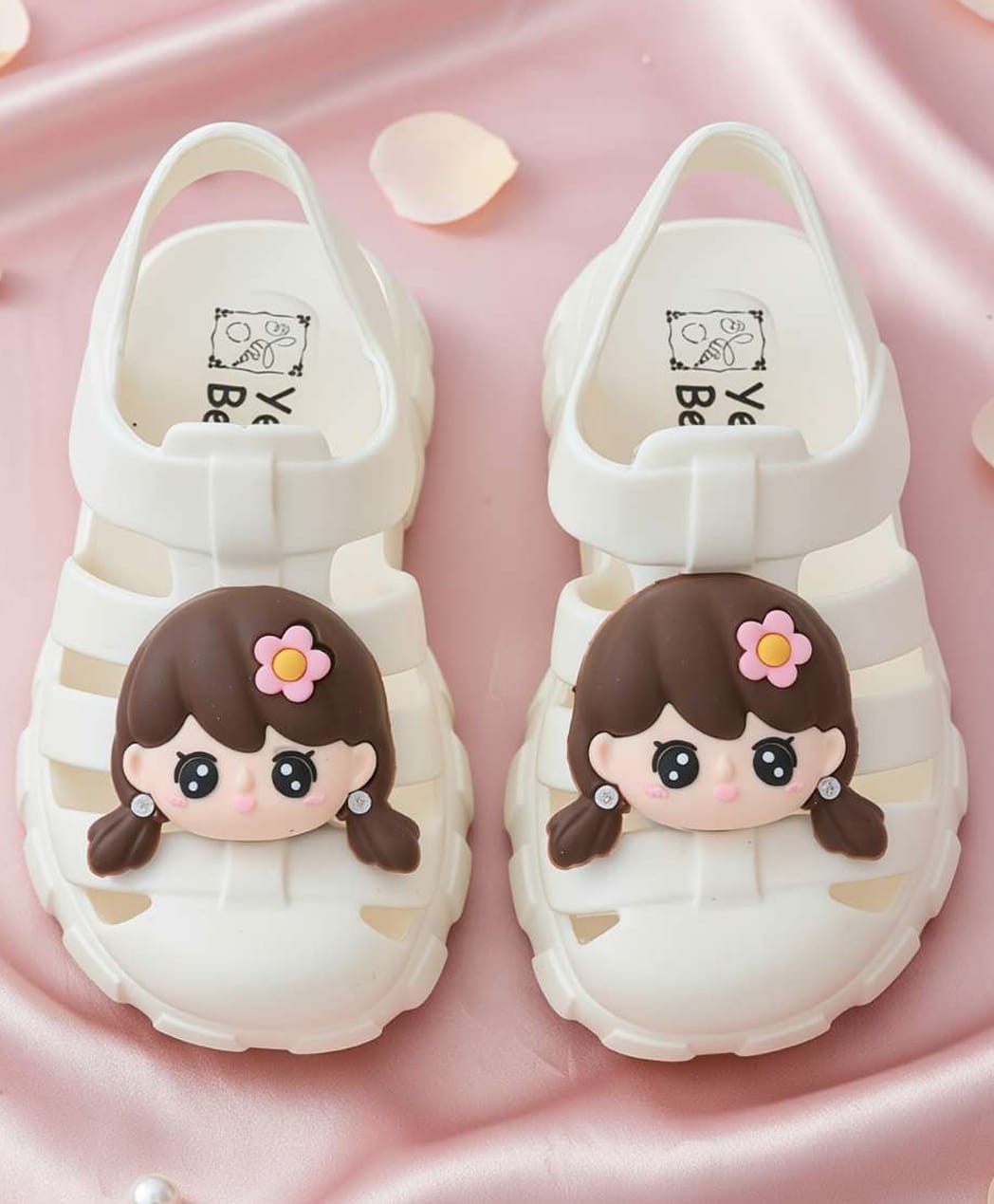 Yellow Bee Girl Face Applique Detailed Back Strap Sandals - White-picture-21
