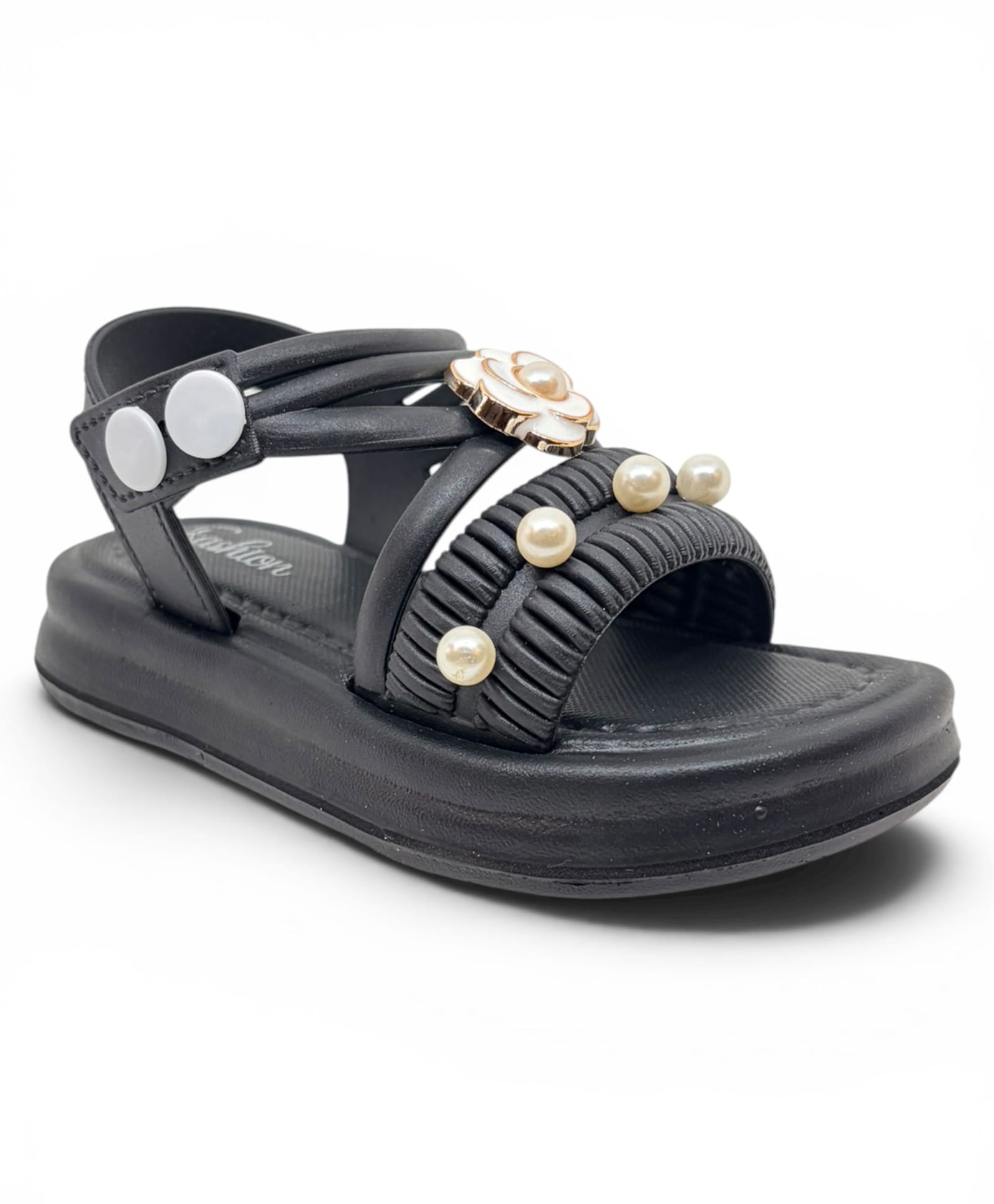 Lil Lollipop Flower Applique Detailed Button Closure Sandals - Black-image-27