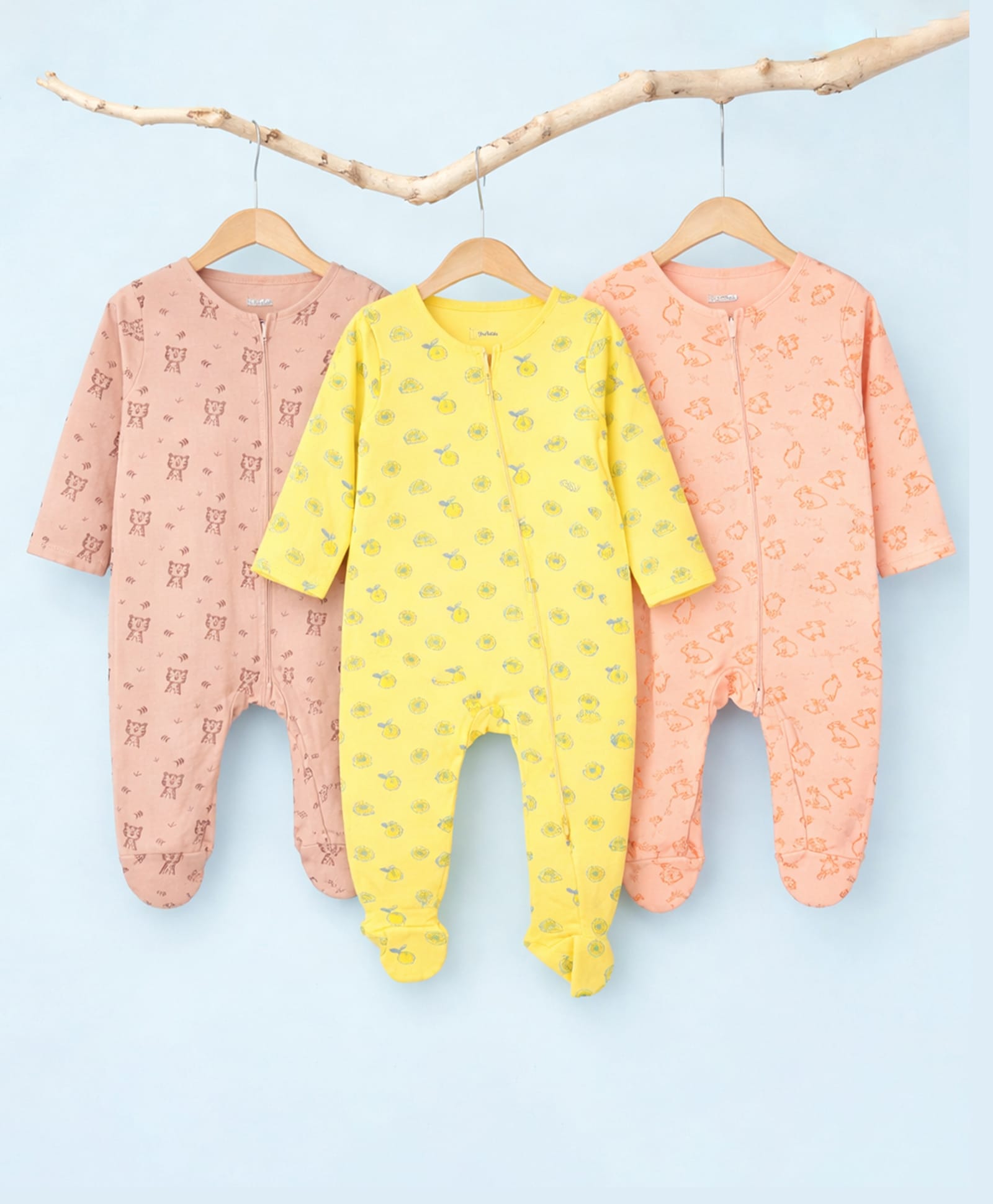 Kidbea Cotton Woven Pack Of 3 Full Sleeves Lemons & Animal Printed Footed Rompers - Light Pink Peach & Yellow-image-1