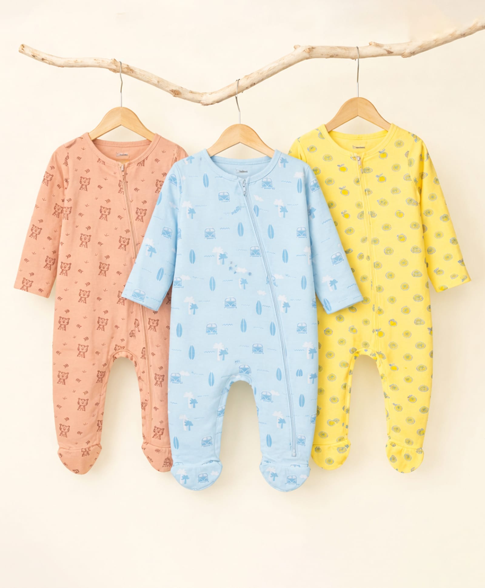Kidbea Cotton Woven Pack Of 3 Full Sleeves Vehicles & Animal Printed Footed Rompers - Yellow Peach & Light Blue-image-41