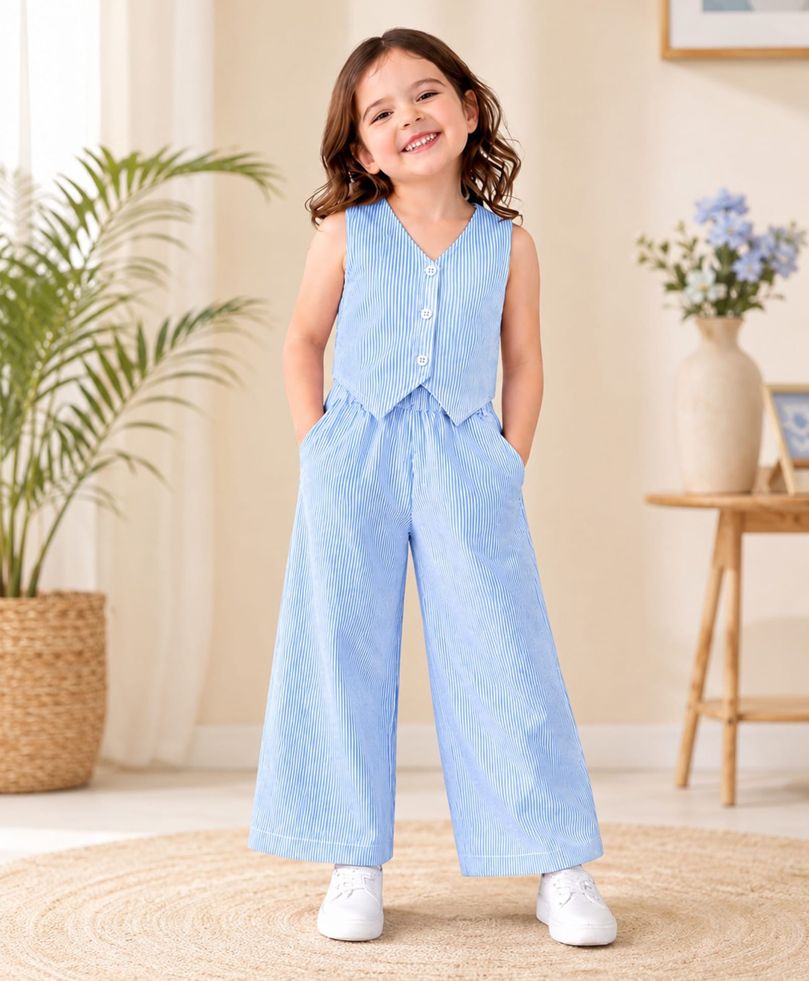 Kidbea Cotton Woven Sleeveless Striped Coordinating Waist Coat Style Top & Palazzo - Blue-image-17