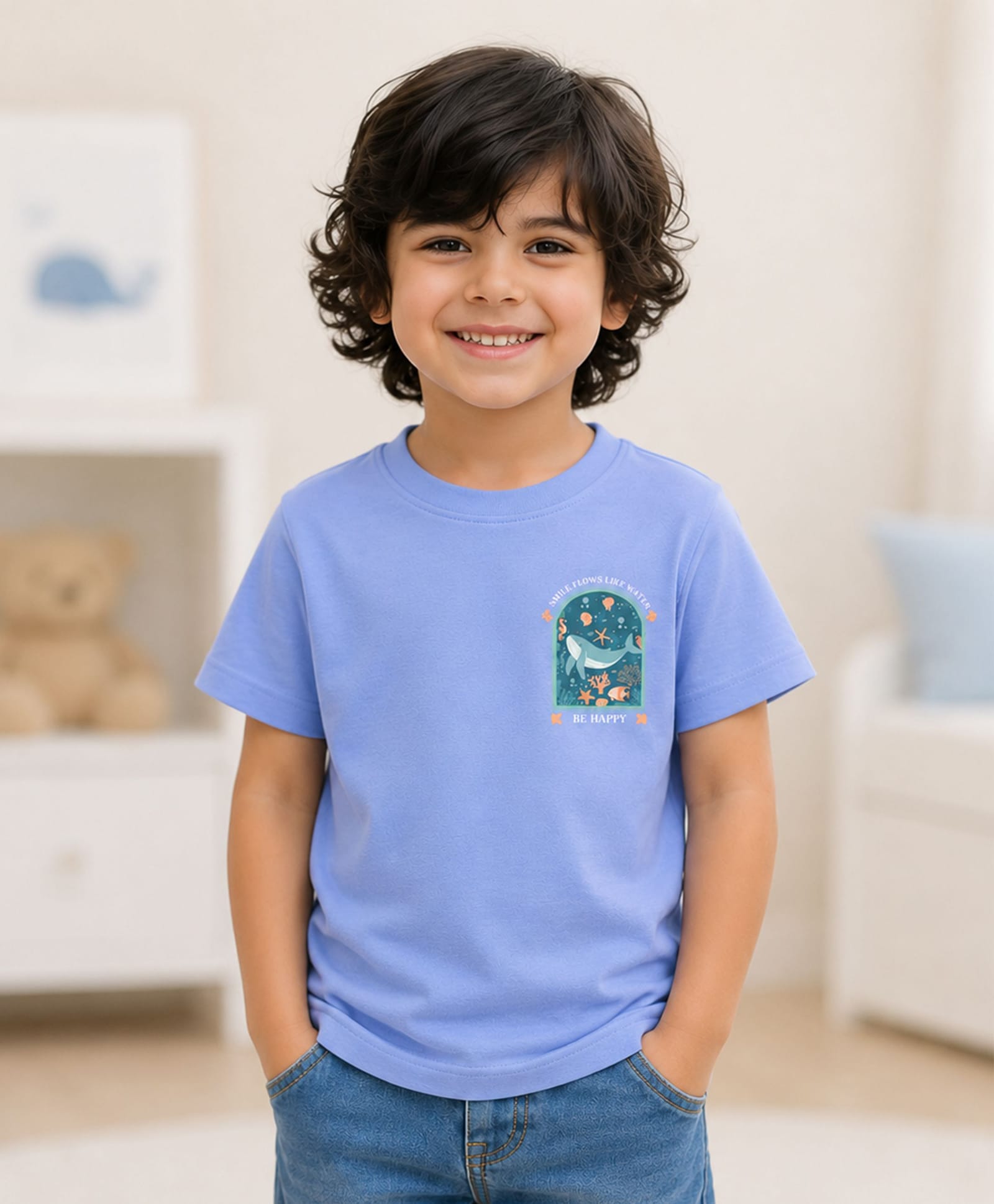 Kidbea Bamboo Knit Half Sleeves Fish & Typography Printed Tee - Blue-image-22