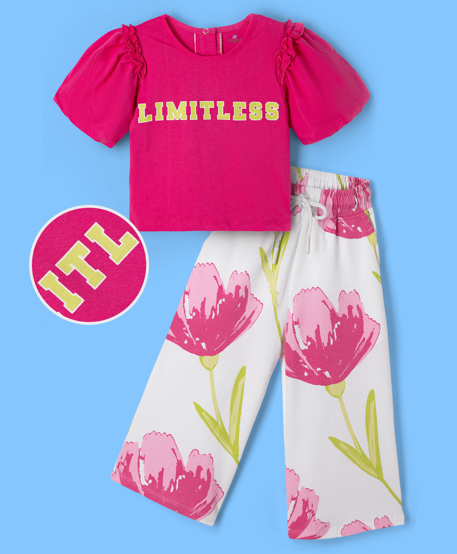 OLLINGTON ST. Cotton Sinker Knit Half Sleeves Top & Pants With Limit Less Text & Floral Print - Fuchsia & White-image-11