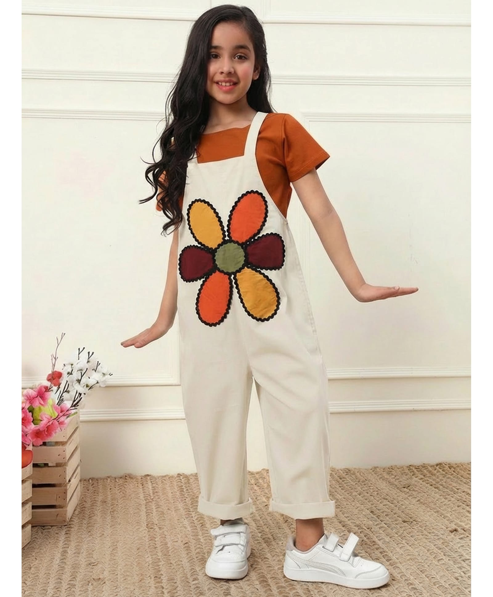 Bugandbees Cotton Woven Sleeveless Floral Embroidered Dungaree - Off White-image-32