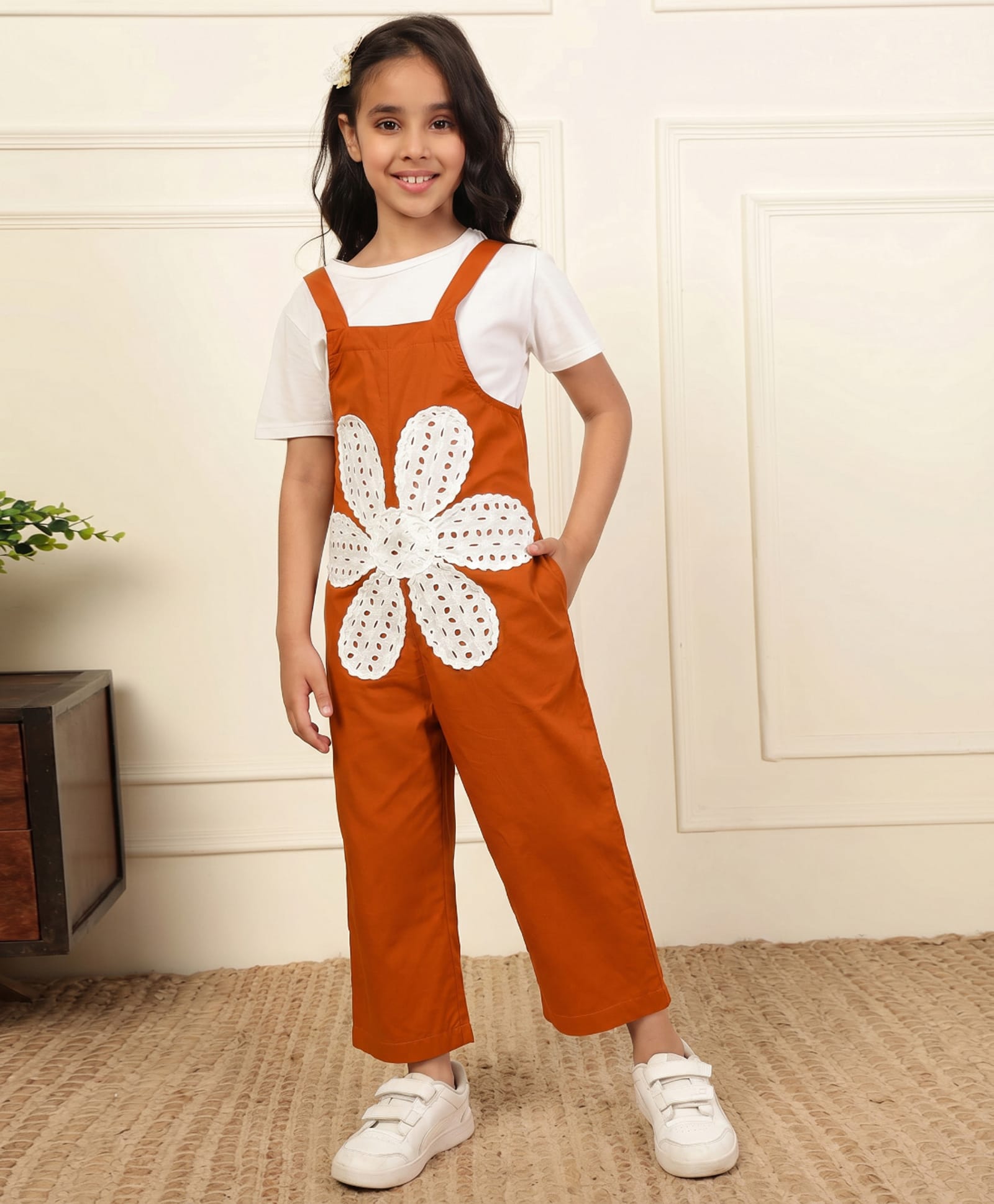Bugandbees Cotton Woven Sleeveless Floral Embroidered Dungaree - Tan Brown-picture-27