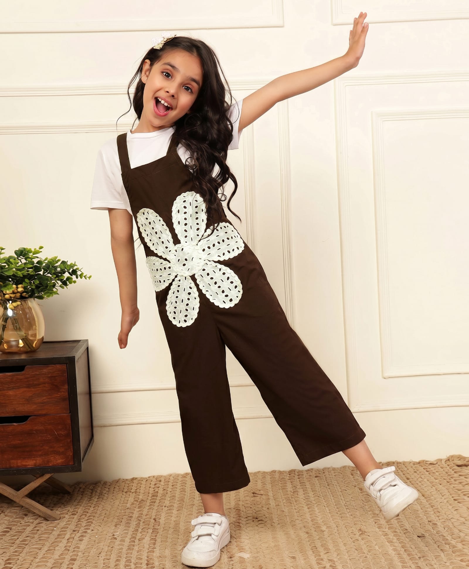Bugandbees Cotton Woven Sleeveless Floral Embroidered Dungaree - Brown-image-8