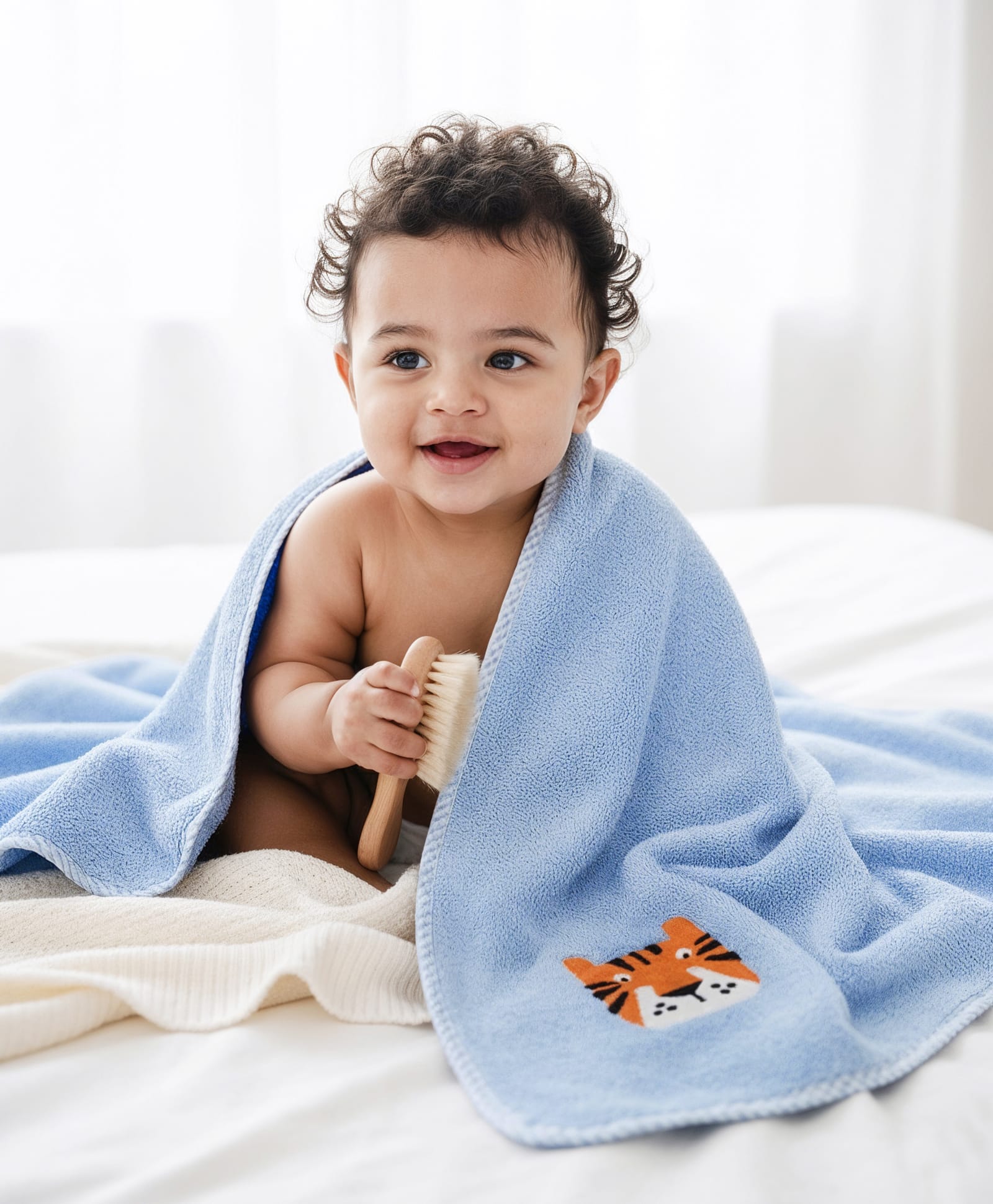 Babyhug Cotton Knit Microfiber Towel With Tiger Embroidery L 31.5 X B 22.5 cm - Light Blue-image-12
