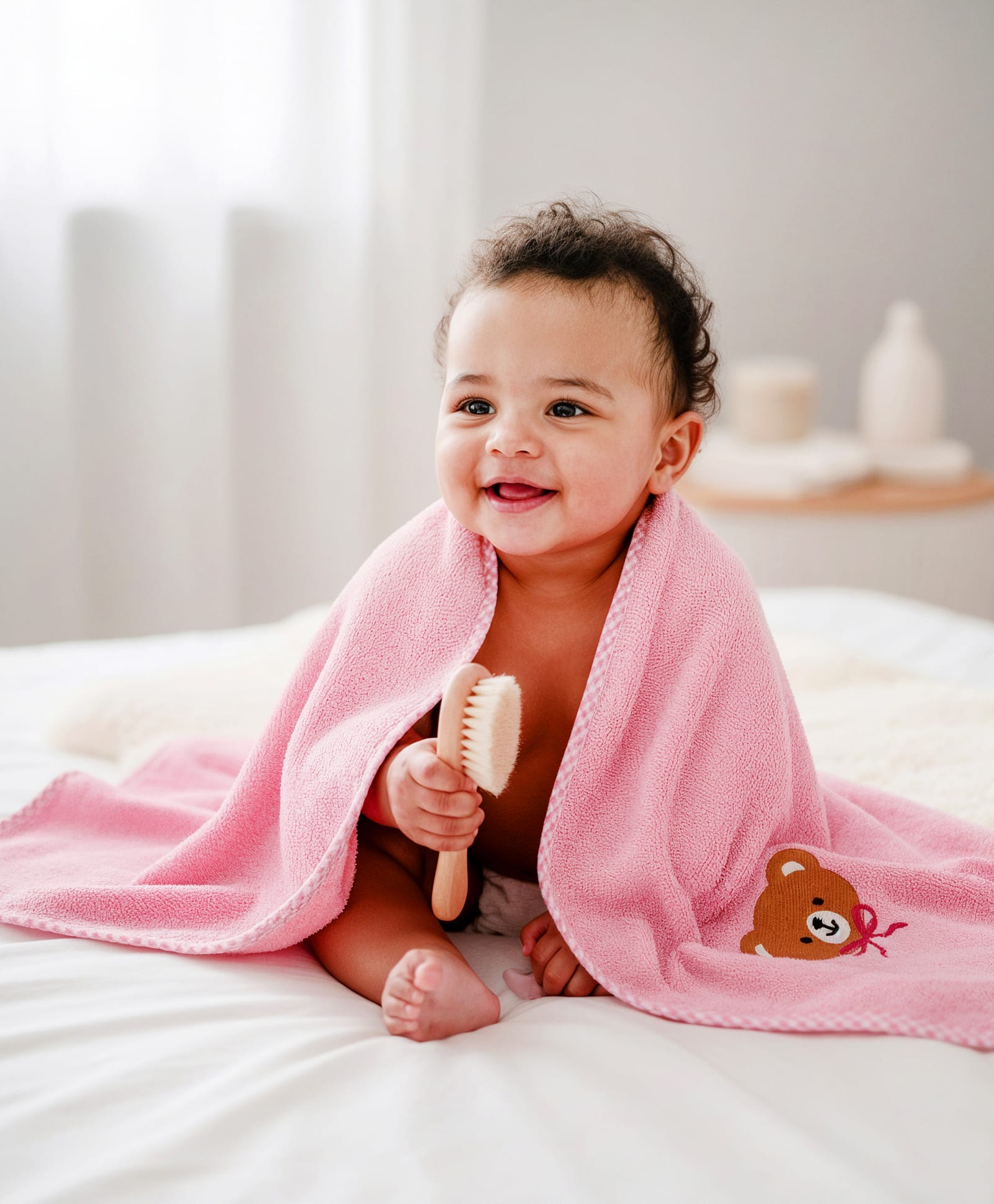 Babyhug Cotton Knit Microfiber Towel With Teddy Bear Embroidery L 31.5 X B 22.5 cm - Light Pink-image-45